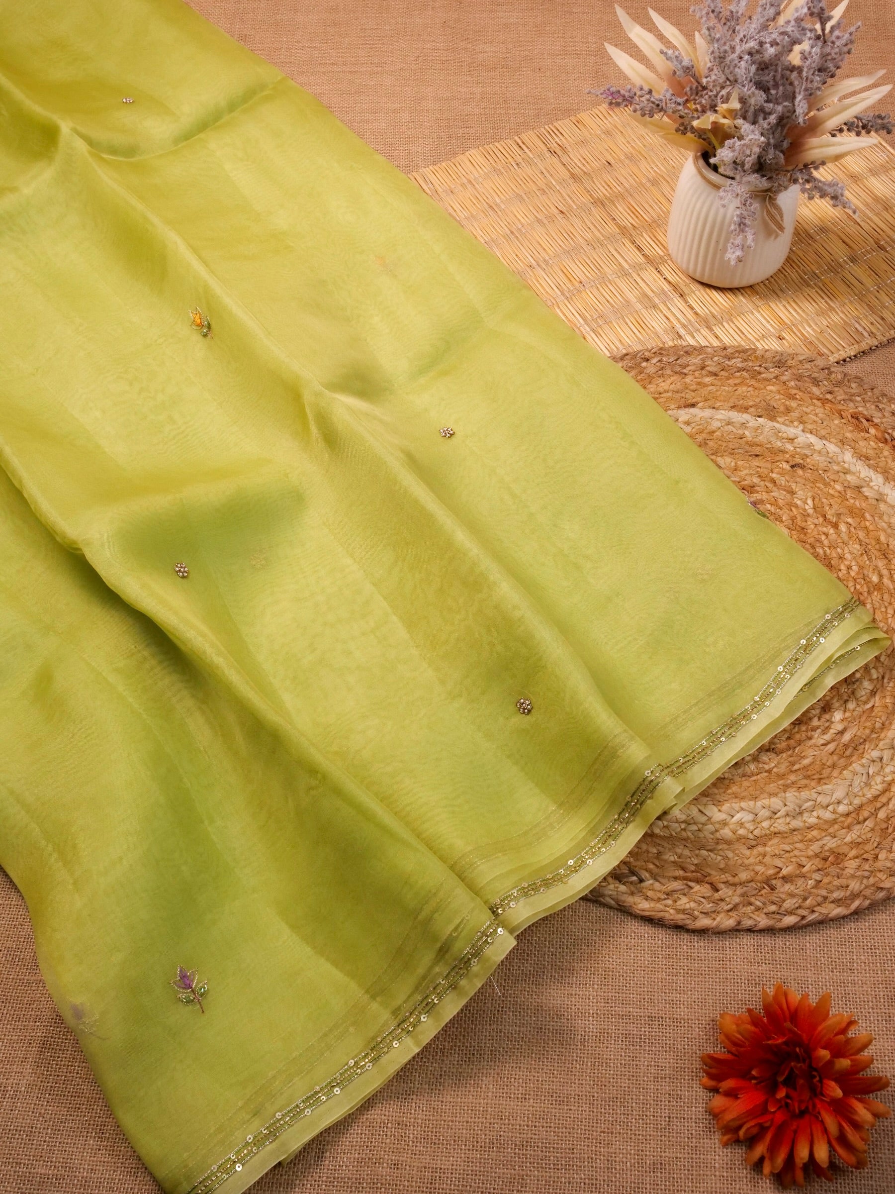 Handwoven Lime Green Banarasi Organza Silk Saree