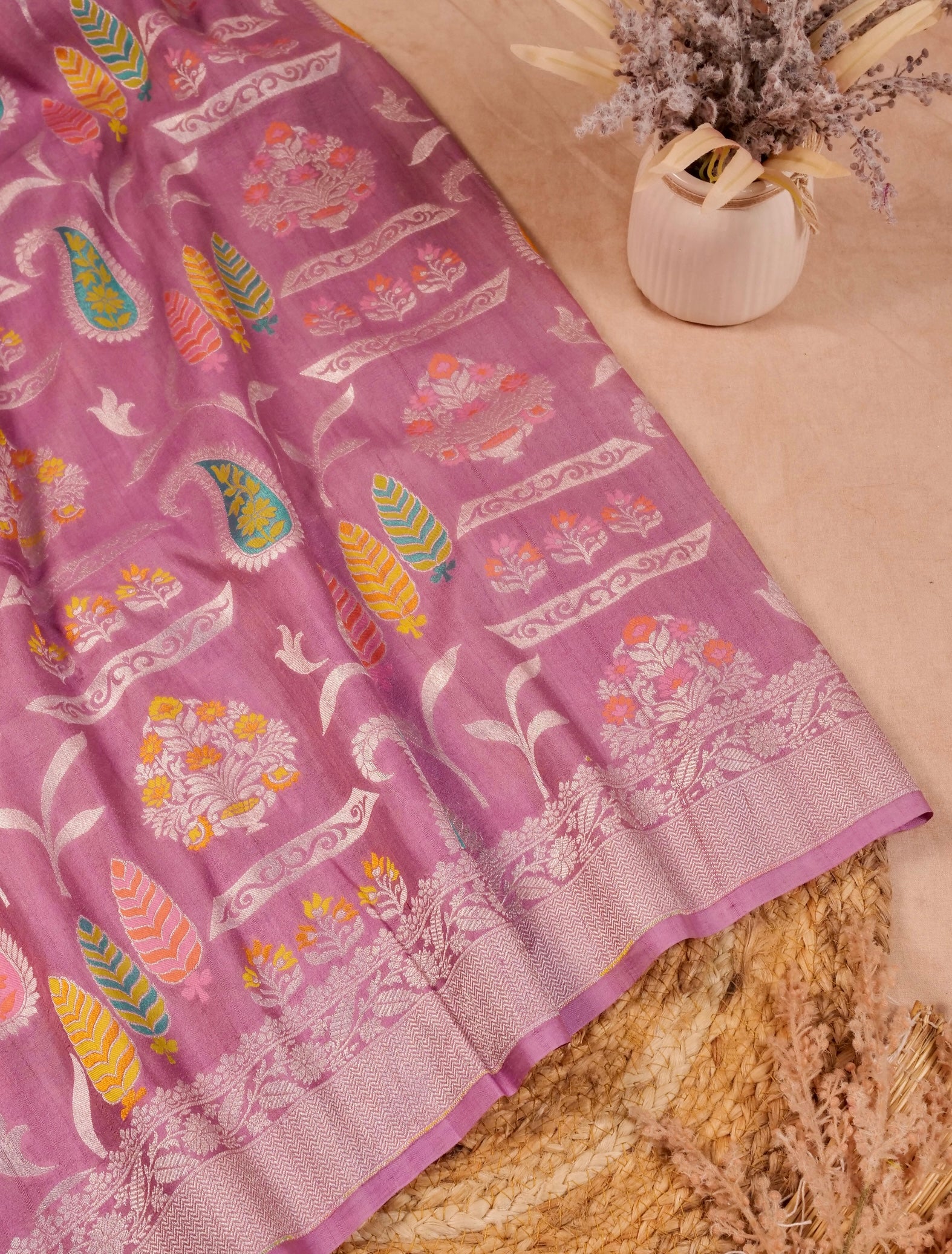 Handwoven Onion Pink Banarasi Desi Tussar Silk Saree