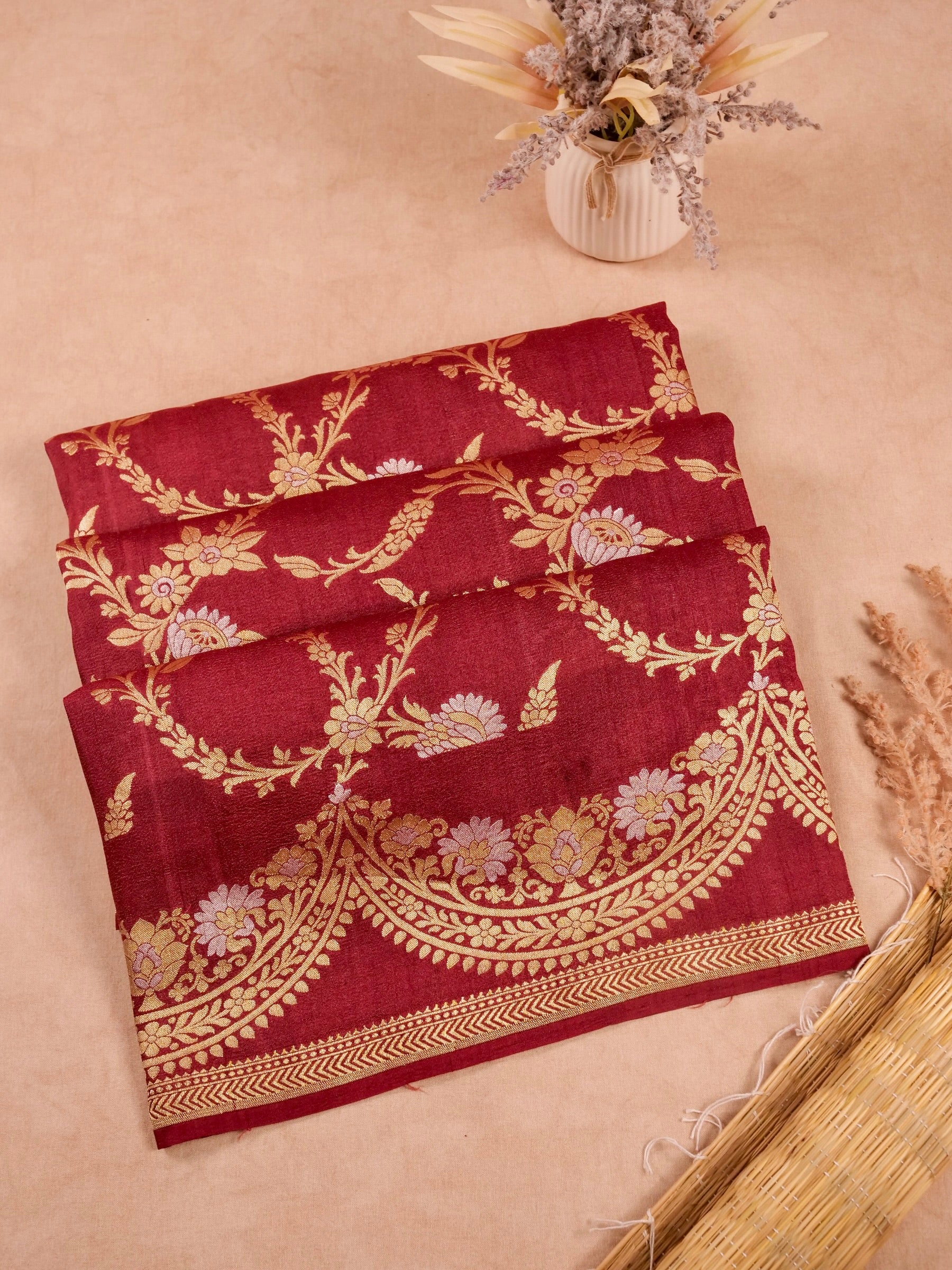 Handwoven red Banarasi Desi Tusser Silk Saree