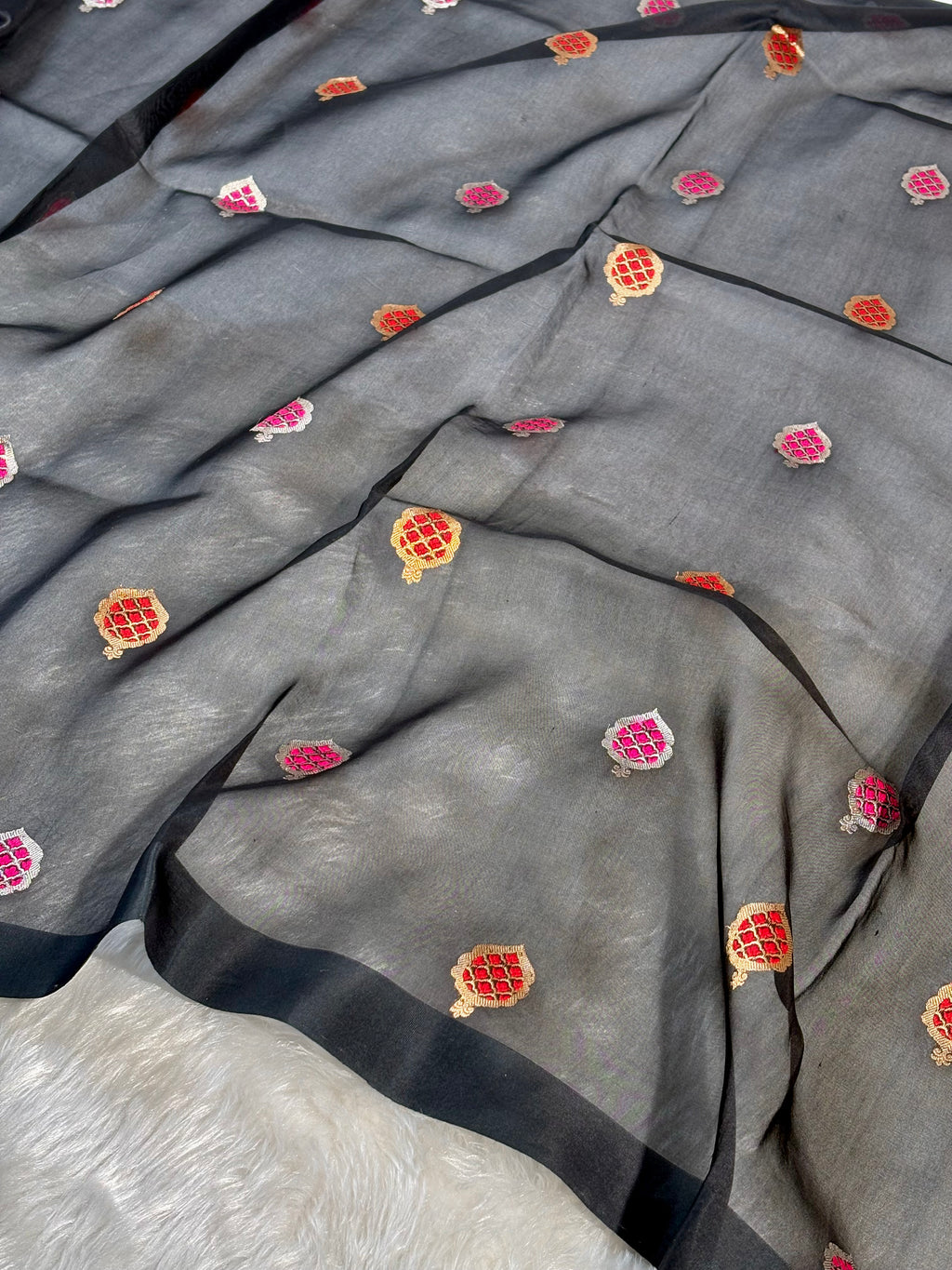 Pure Kora Organza Alfi Meena Handloom Banarasi Saree