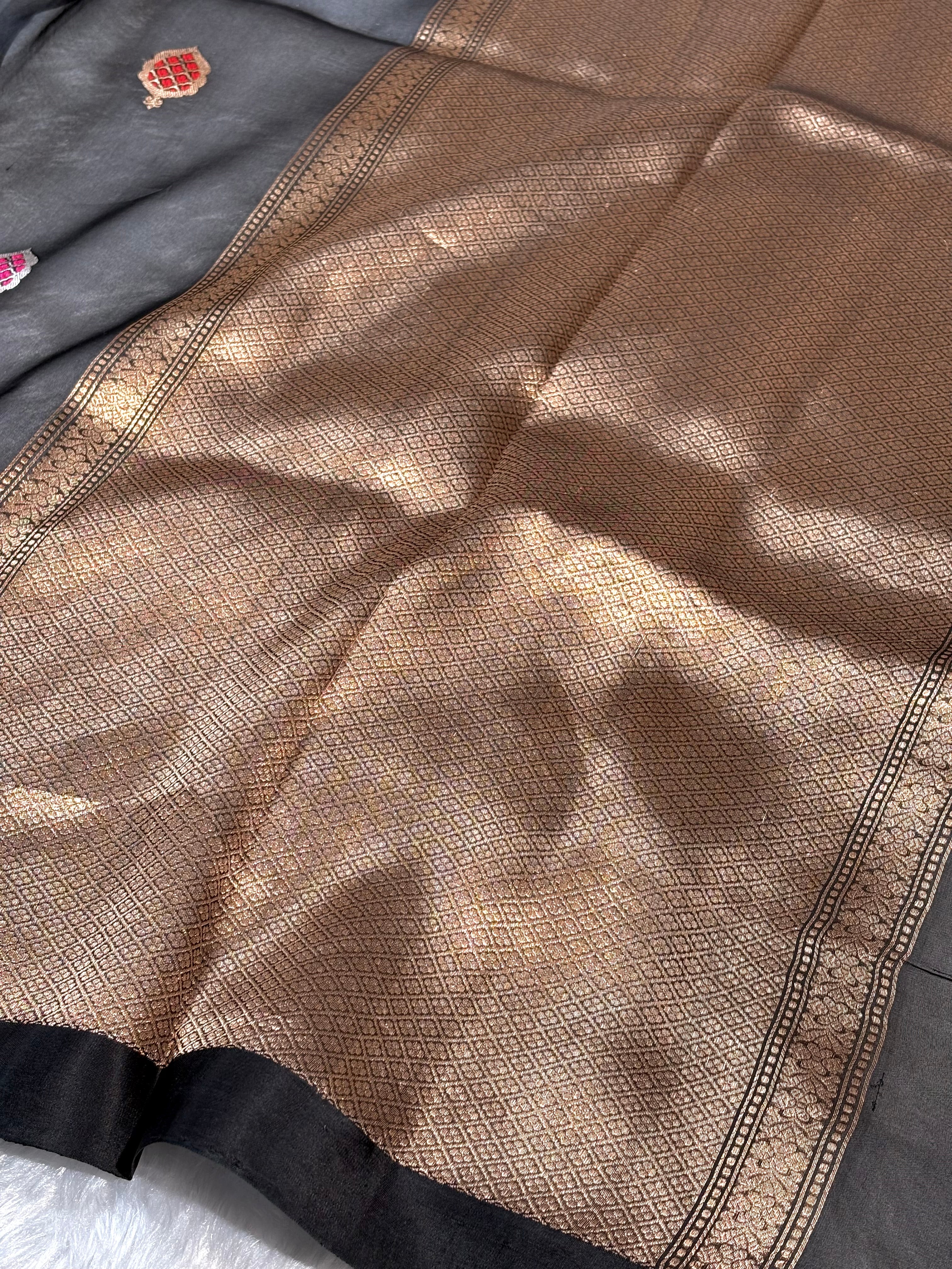 Pure Kora Organza Alfi Meena Handloom Banarasi Saree