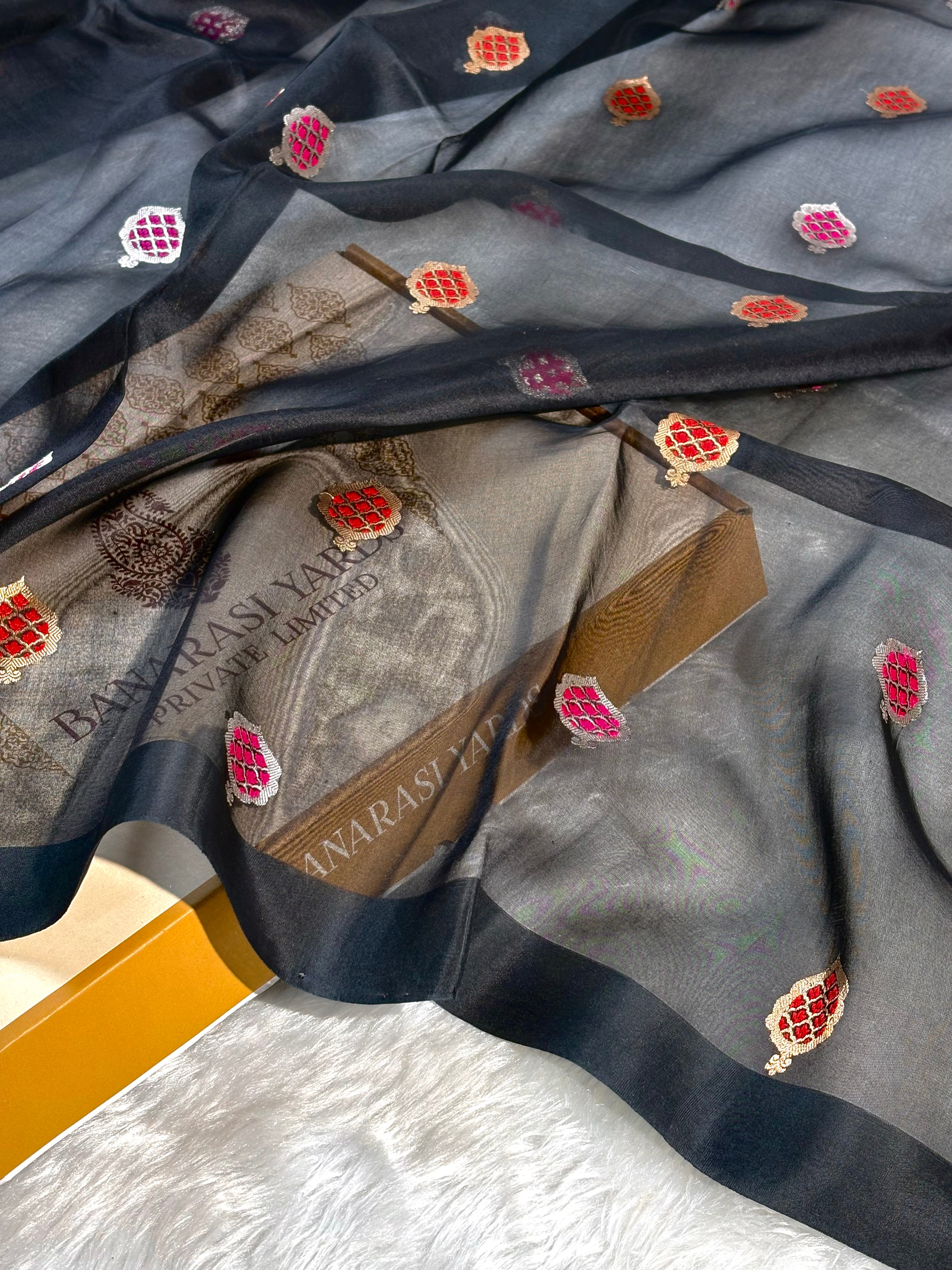 Pure Kora Organza Alfi Meena Handloom Banarasi Saree