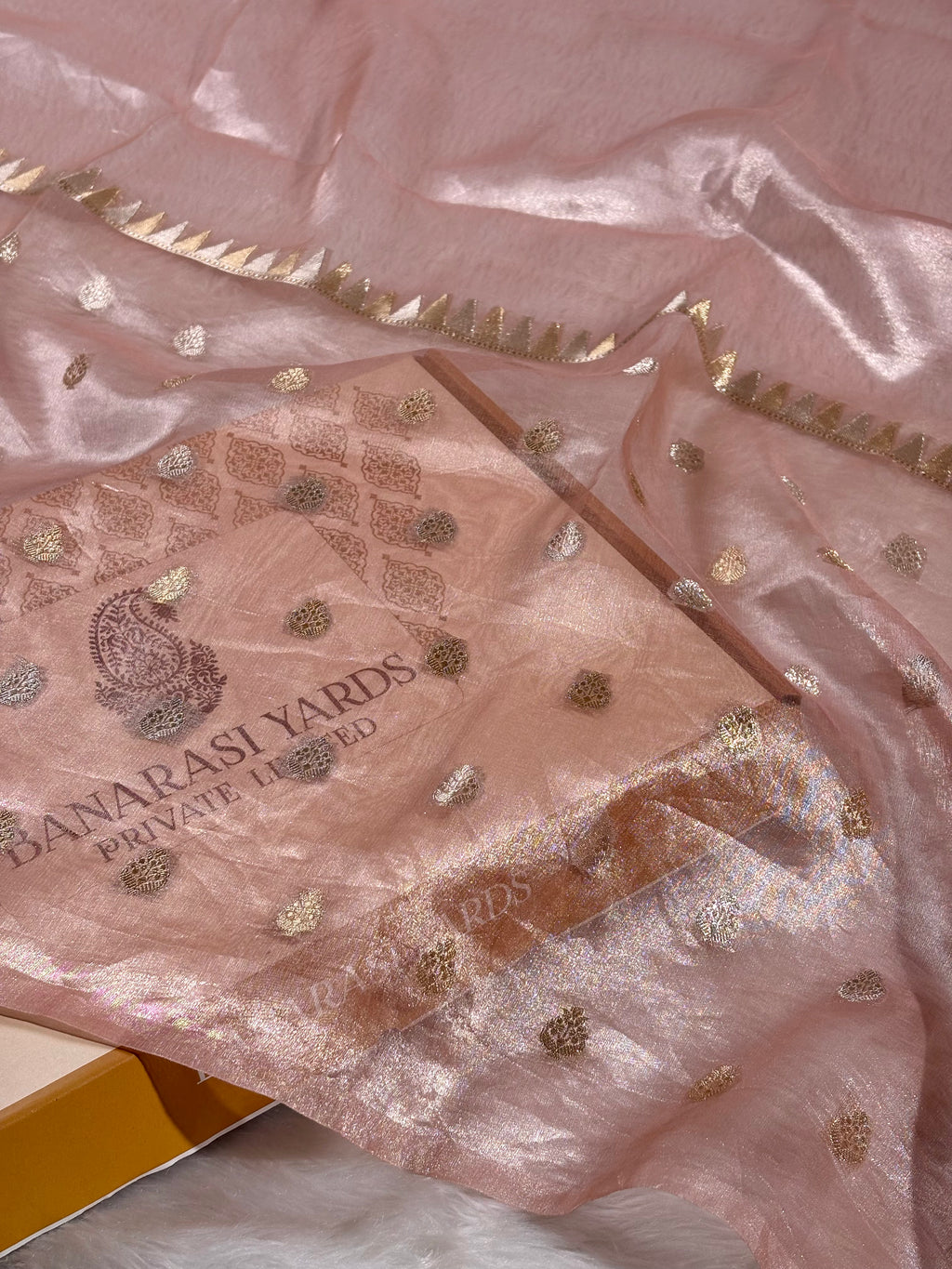 Pure tishu silk saree featuring intricate alfi mina buti detailing, a signature motif of Banarasi craftsmanship.