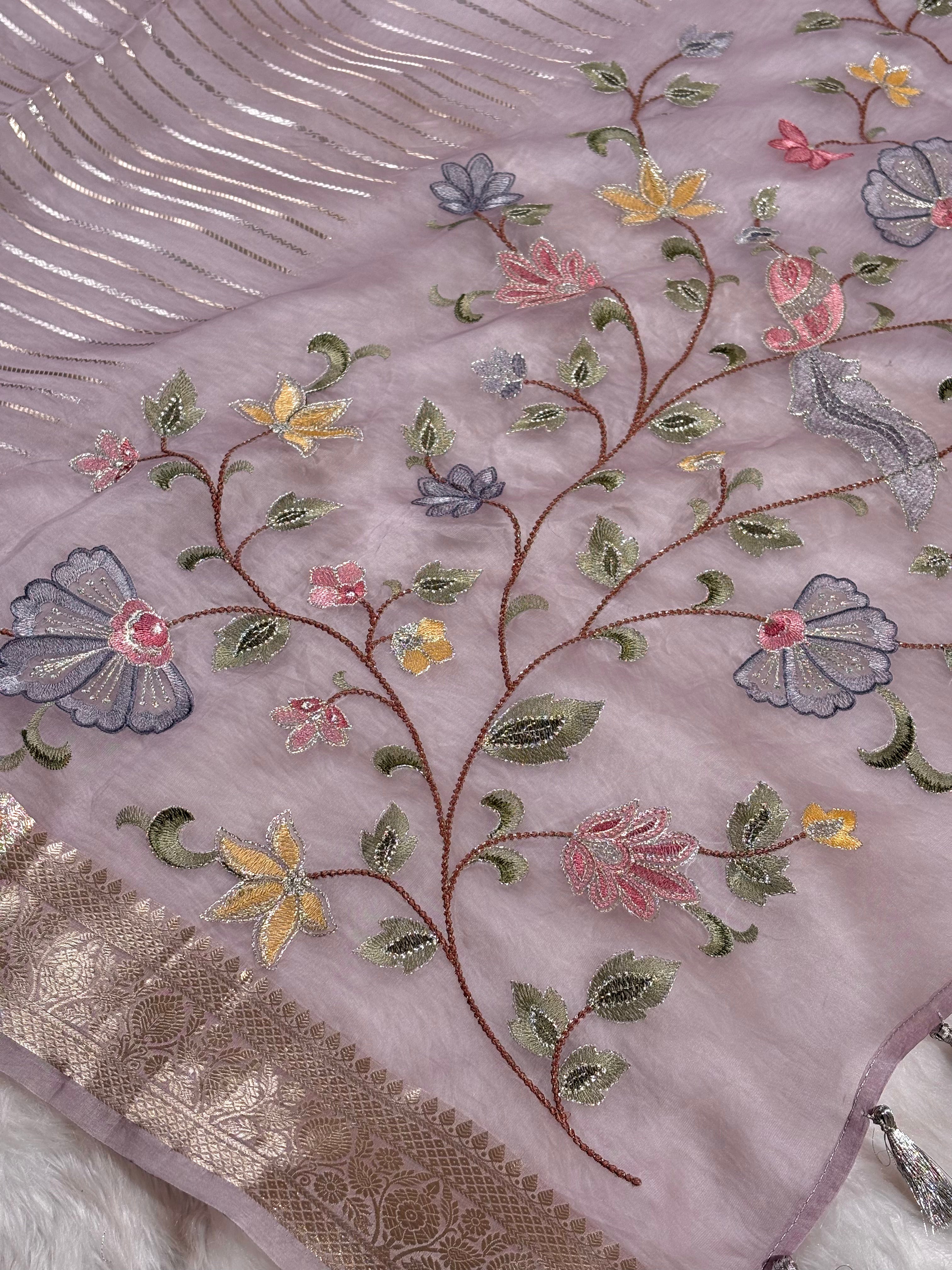 Pure Kora Organza Embroidery Banarasi Saree
