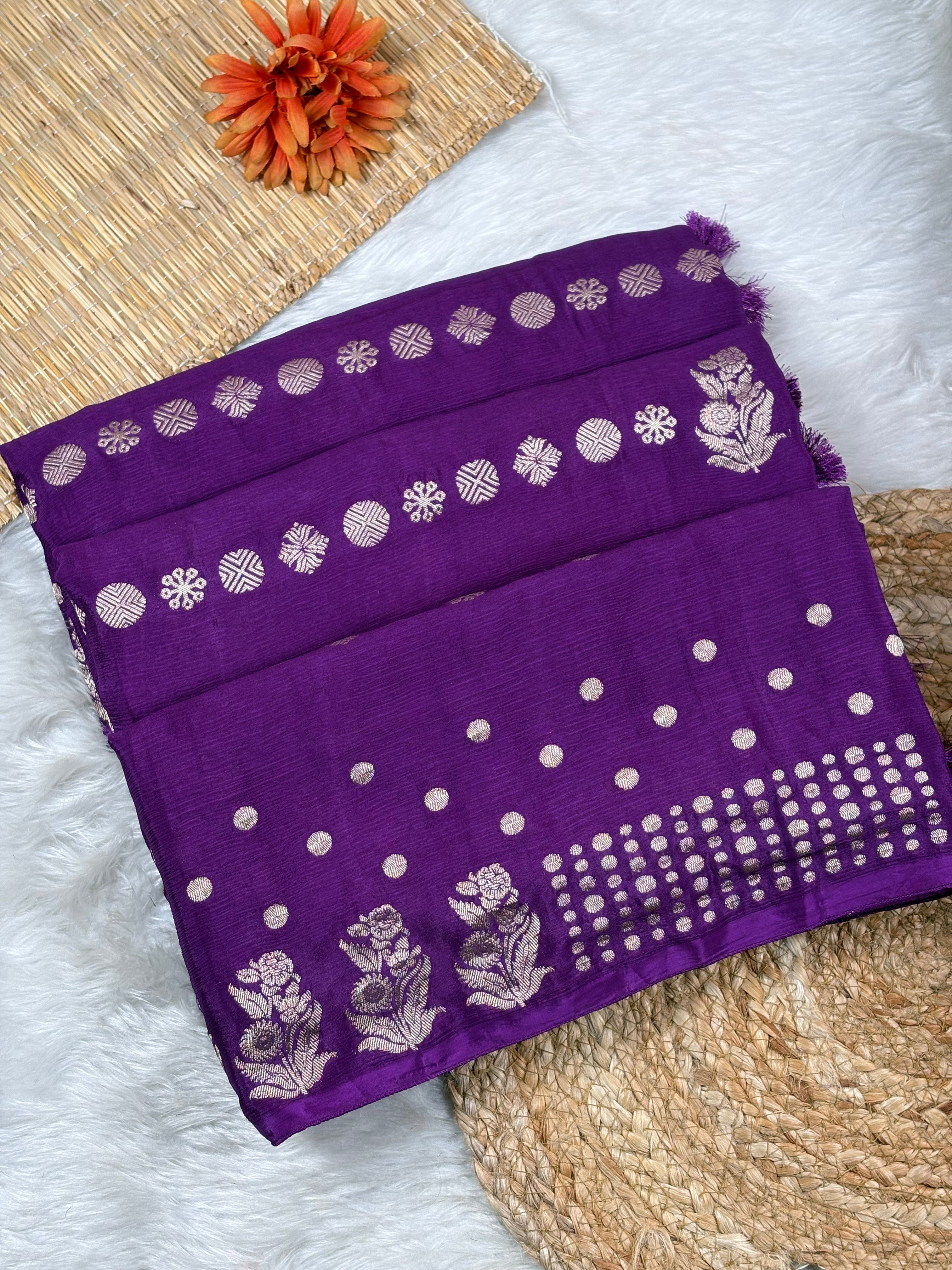 Chinon Silk Banarasi Saree crafted with fine silk threads and traditional Banarasi motifs. This lightweight drape features intricate zari work and classic patterns, perfect for weddings, festivals, and formal occasions. 