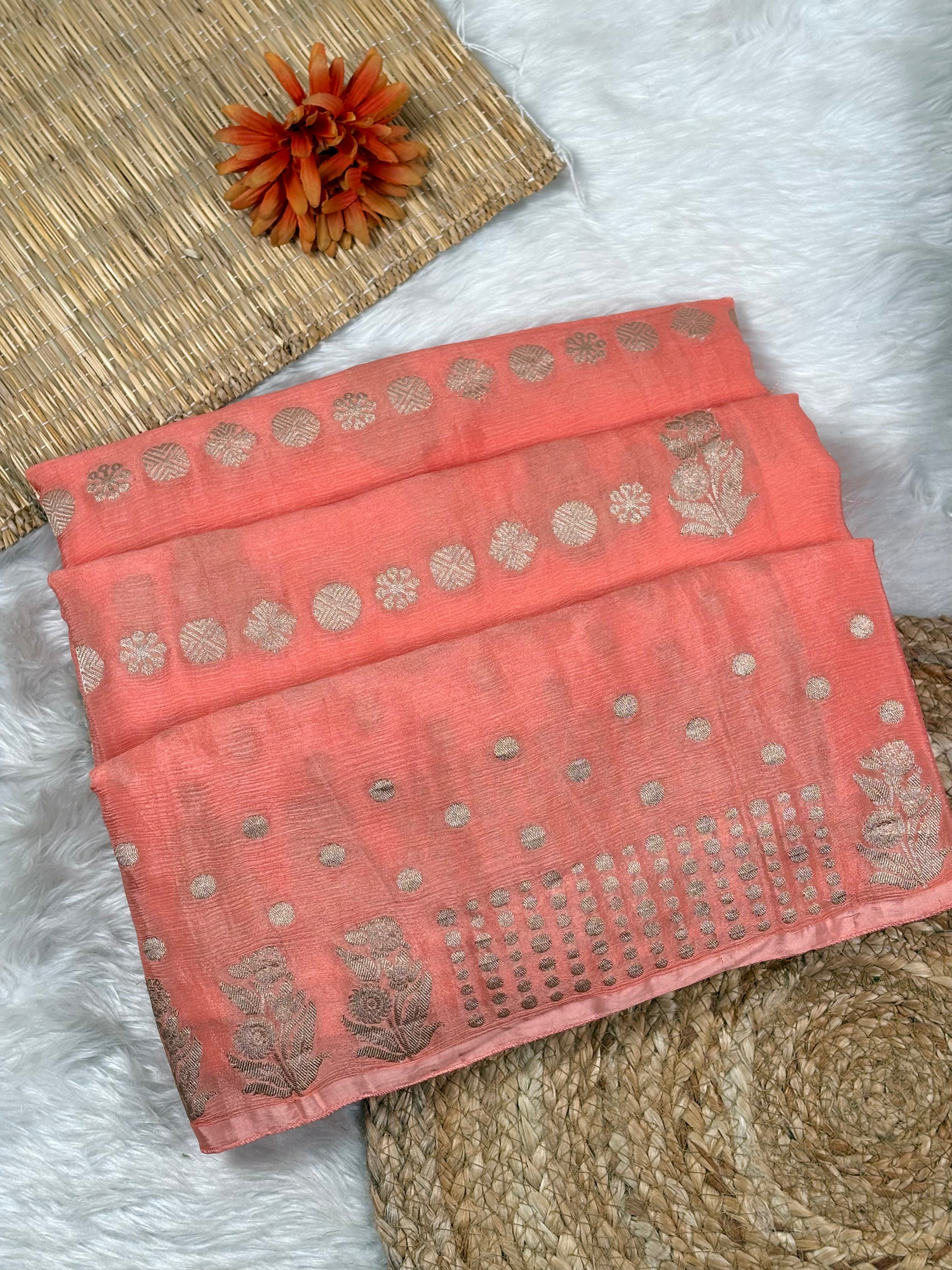 Chinon Silk Banarasi Saree featuring traditional Banarasi motifs on a luxuriously soft silk foundation. The lightweight Chinon silk drapes beautifully with a subtle sheen, perfect for special occasions and celebrations.