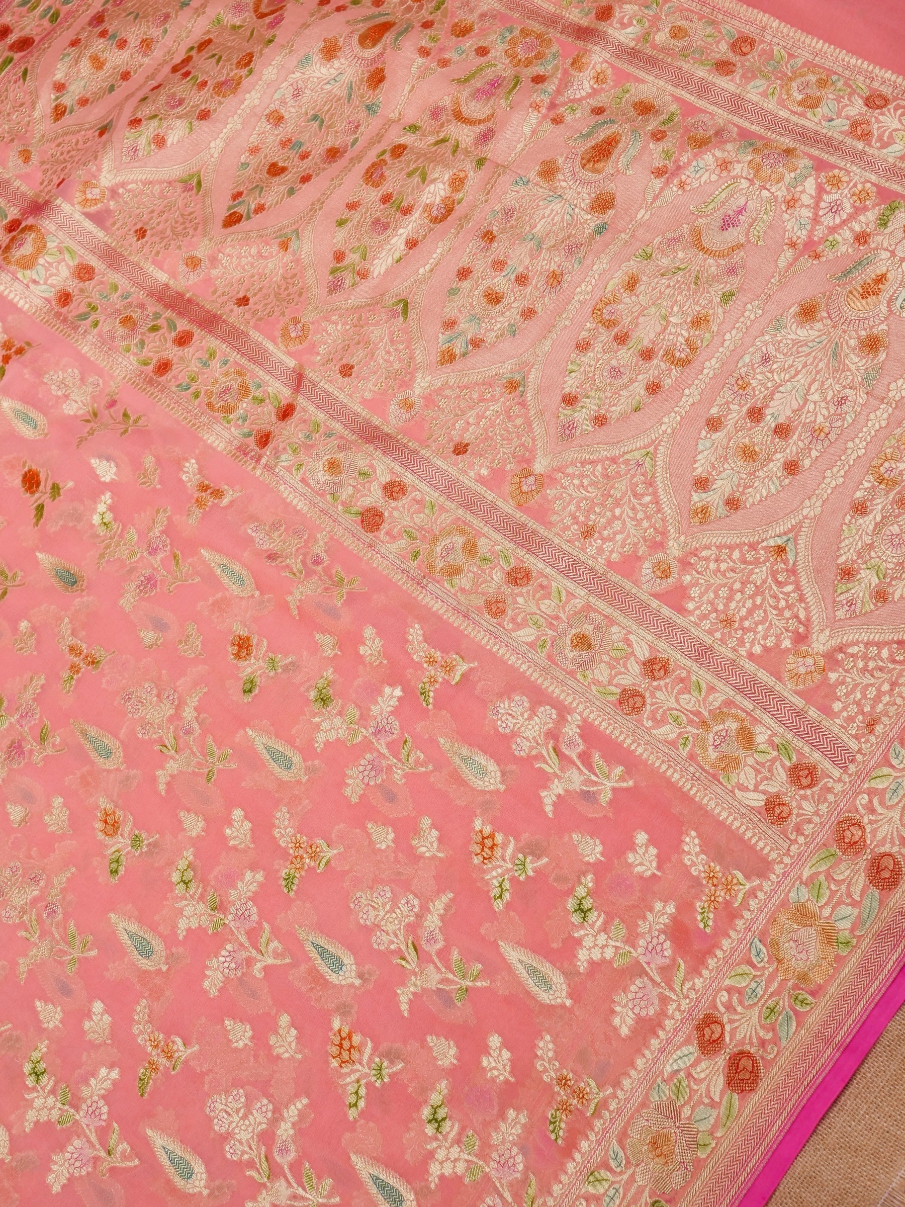 Handwoven Carrot Pink Banarasi Khaddi Silk Saree