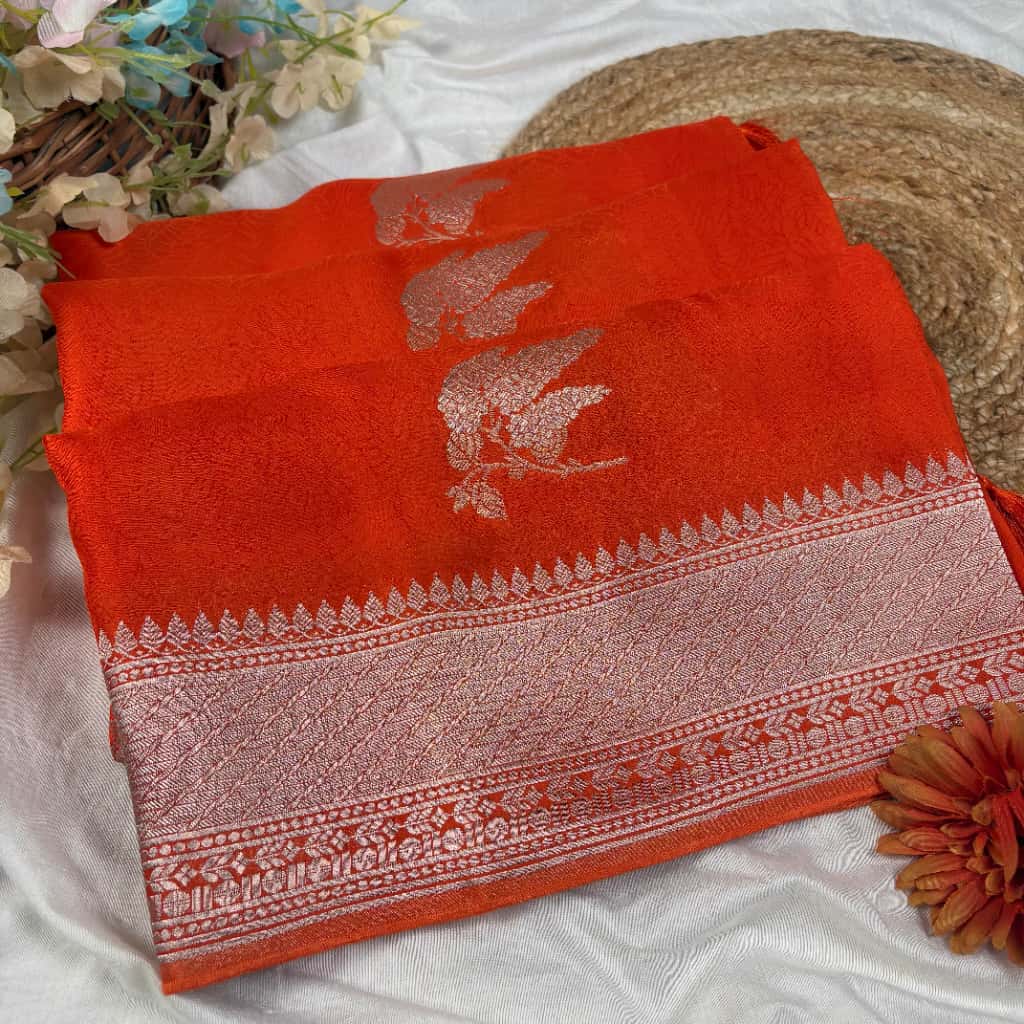 Orange Banarasi Mashru Tanchui Silk Saree