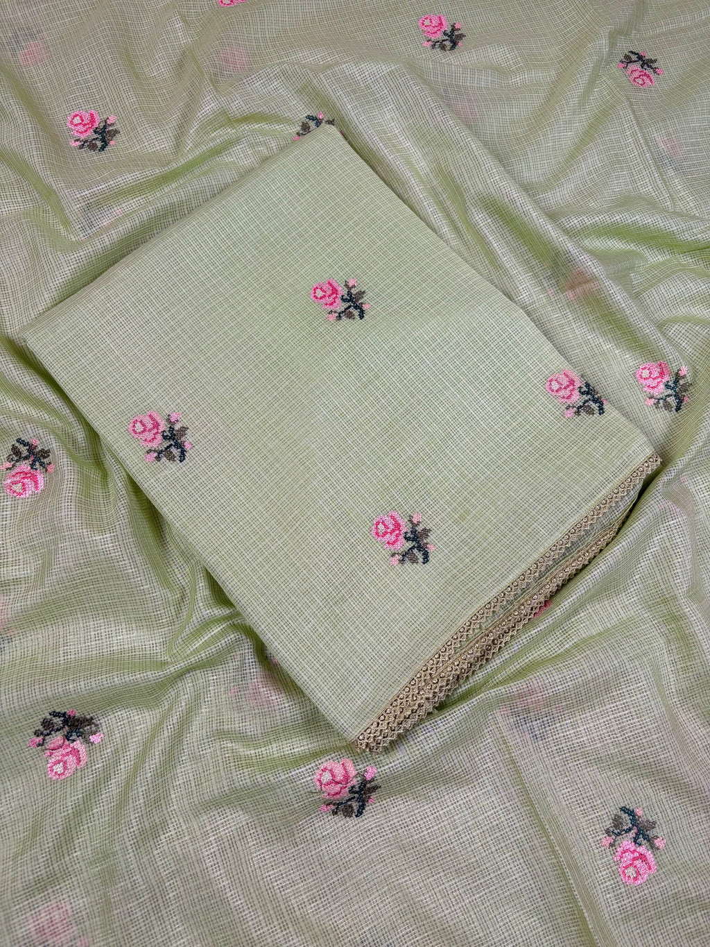Pastel Green Banarasi Cotton Kora Silk Suit