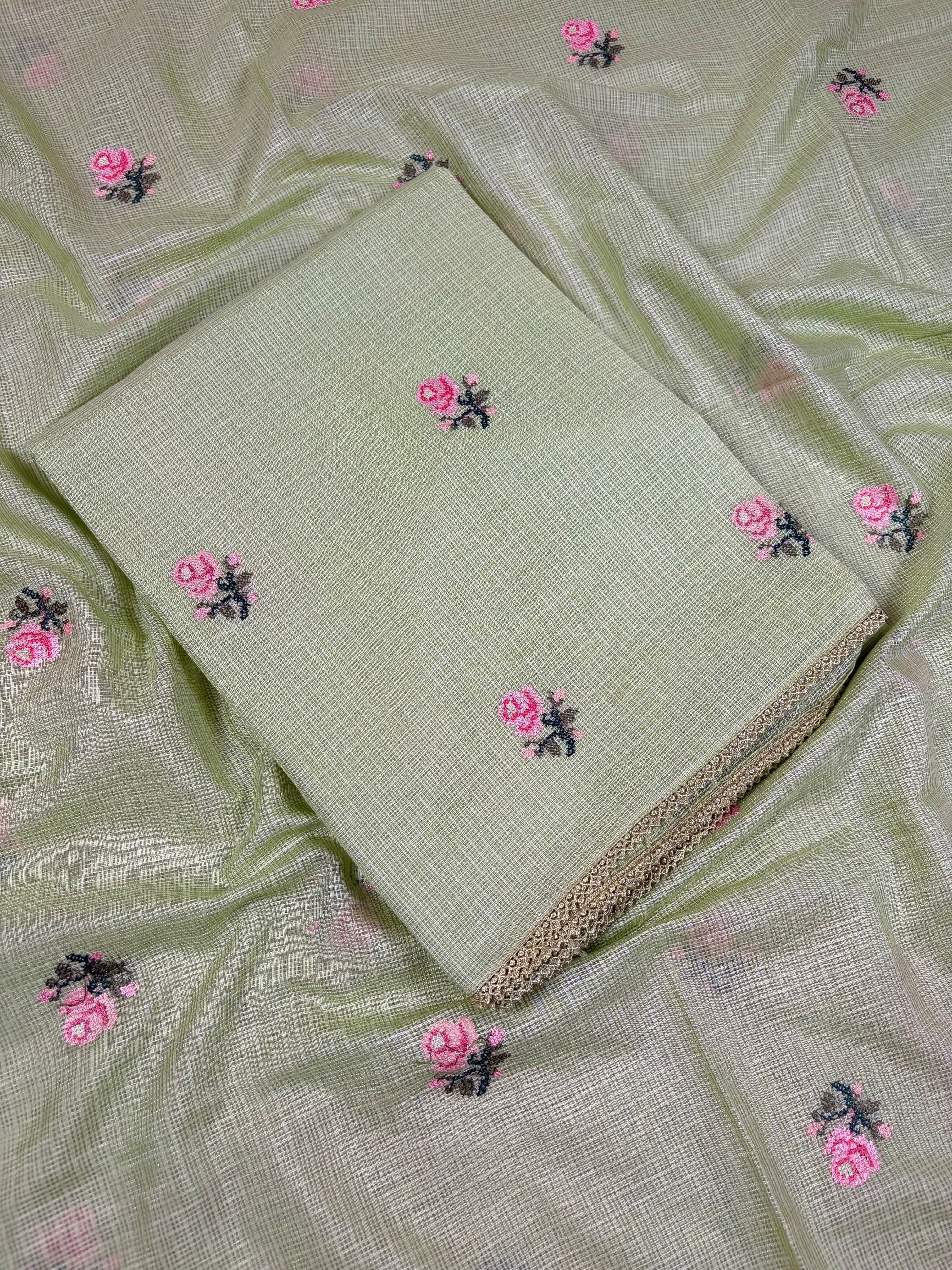 Pastel Green Banarasi Cotton Kora Silk Suit