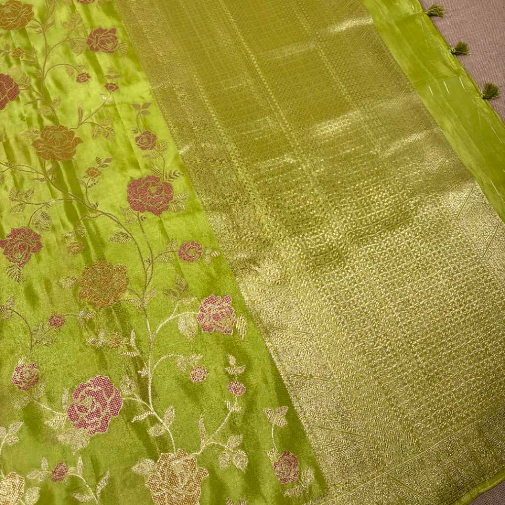 Mahendi Green Banarasi Mashru Satin Silk Saree