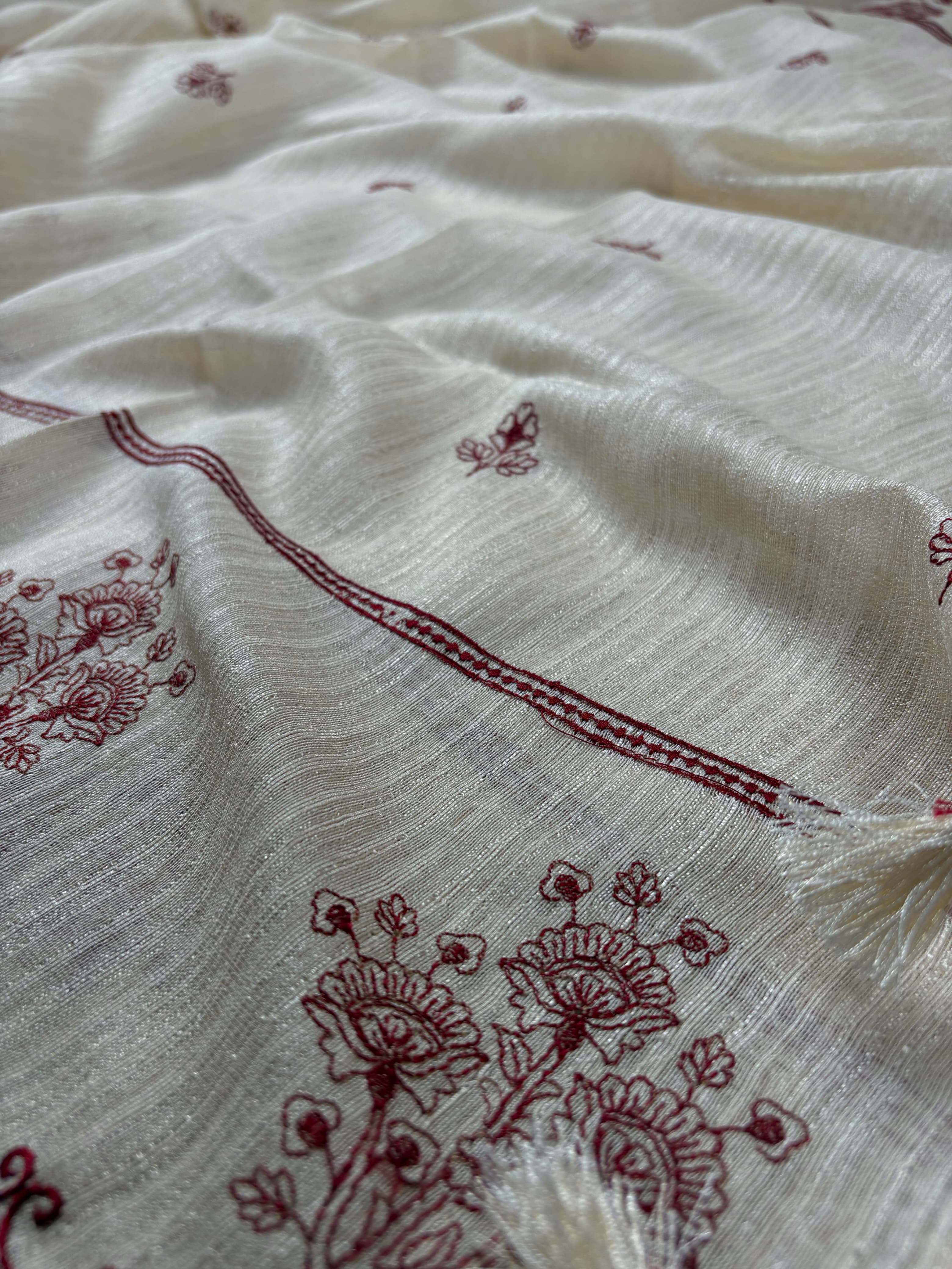 Off White Banarasi Tussar Ghicha Silk Suit