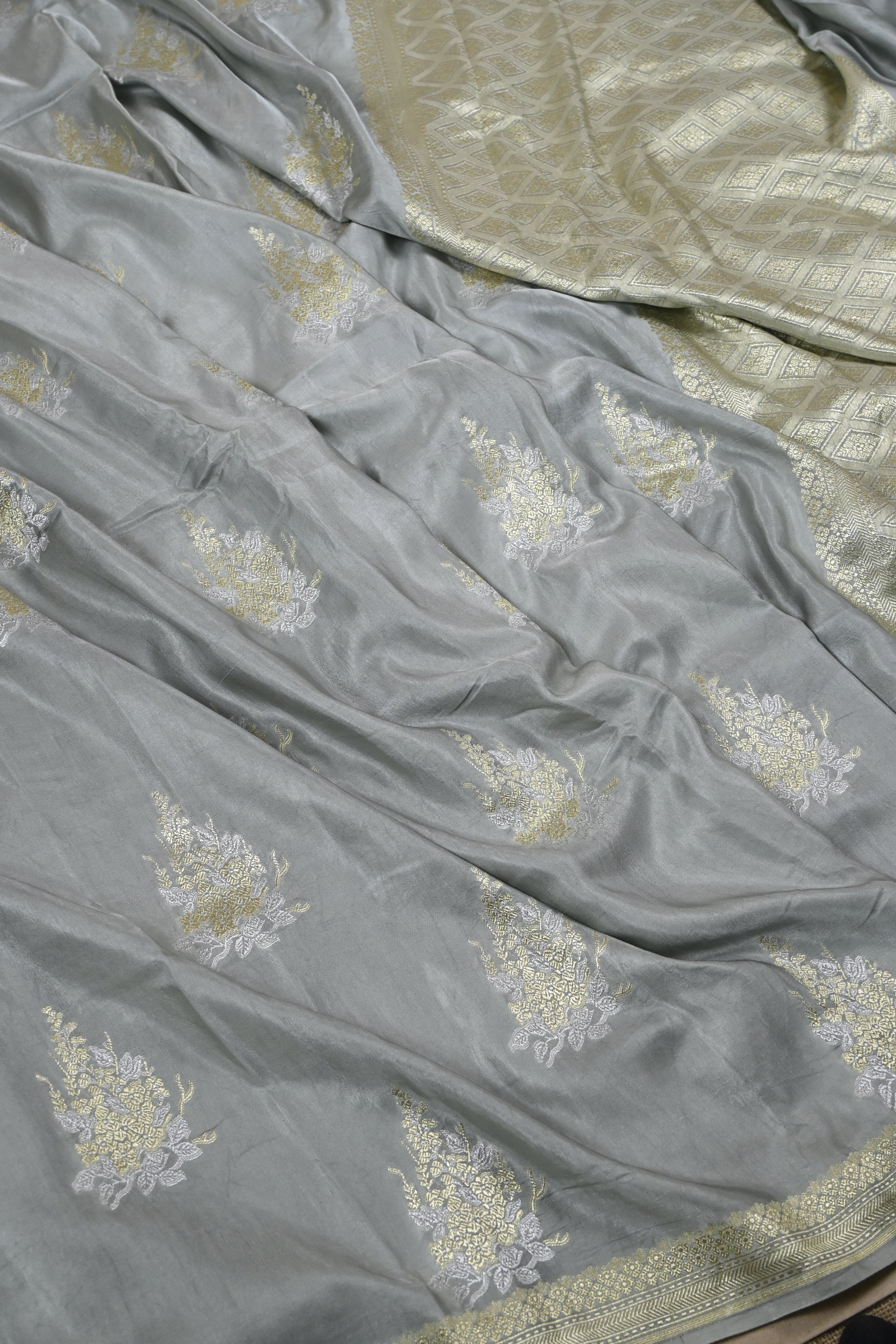 Grey Pure Banarasi Satin Mashru Silk Saree