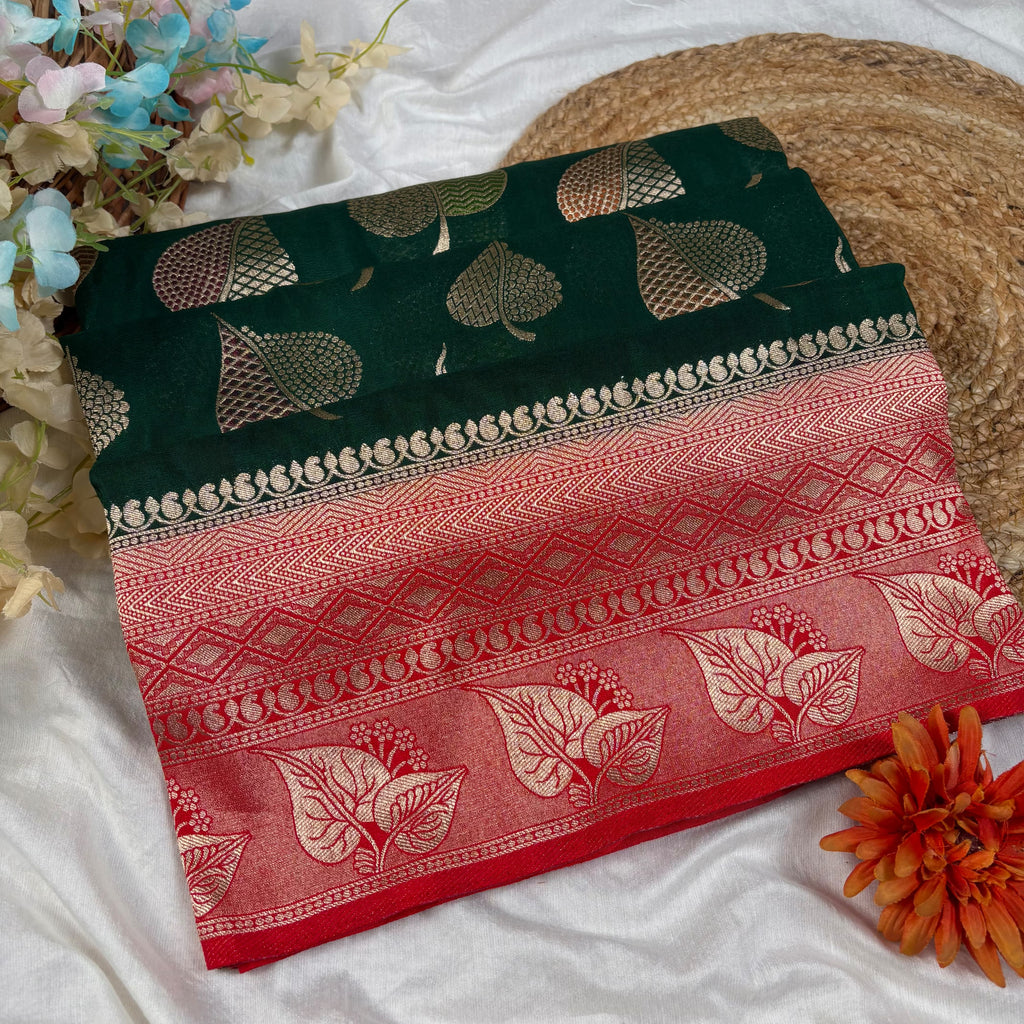 Bottle Green Banarasi Katan Georgette Silk Saree