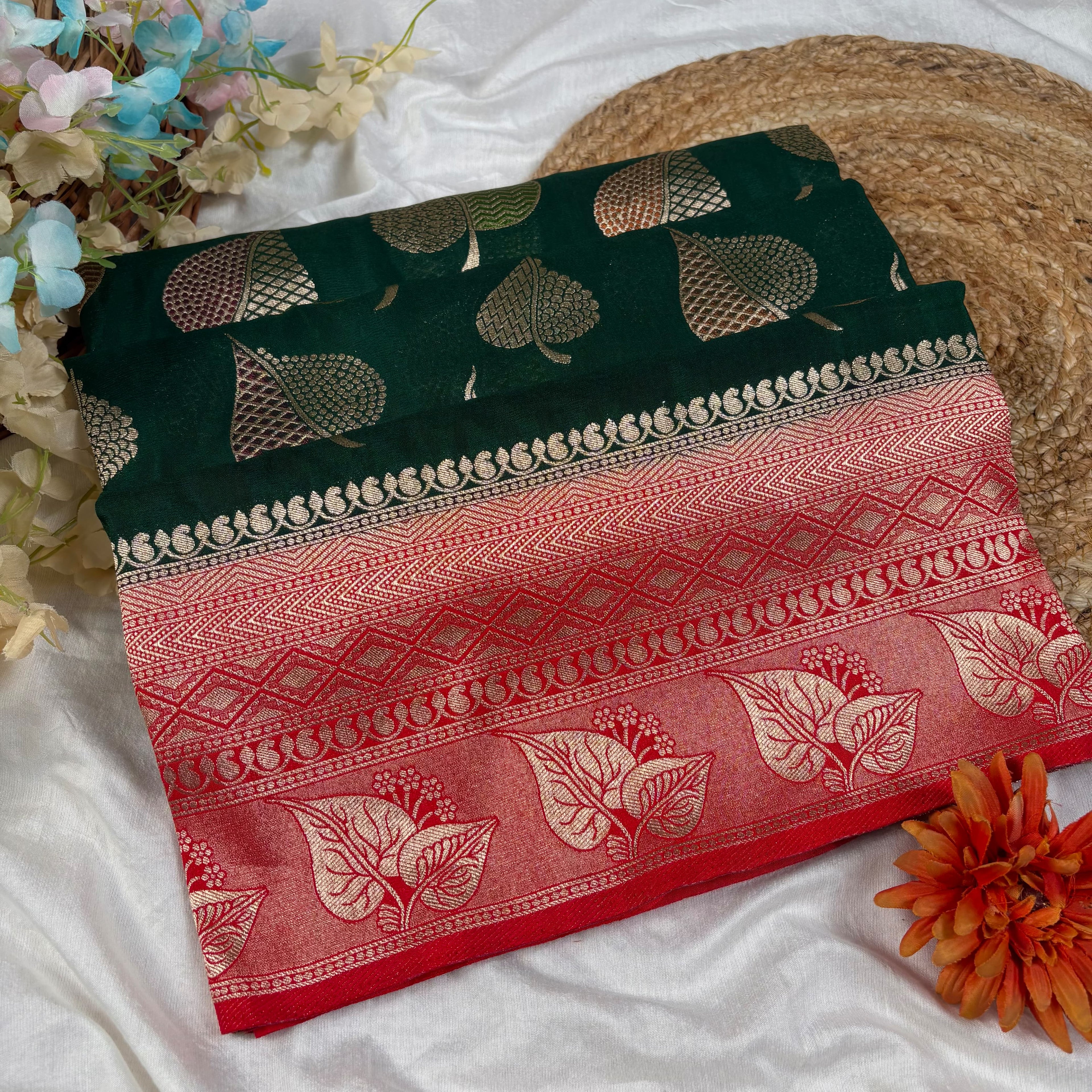 Bottle Green Banarasi Katan Georgette Silk Saree