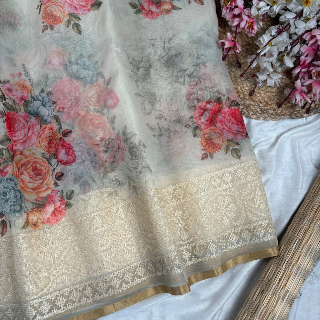 Cream Banarasi Organza Silk Saree