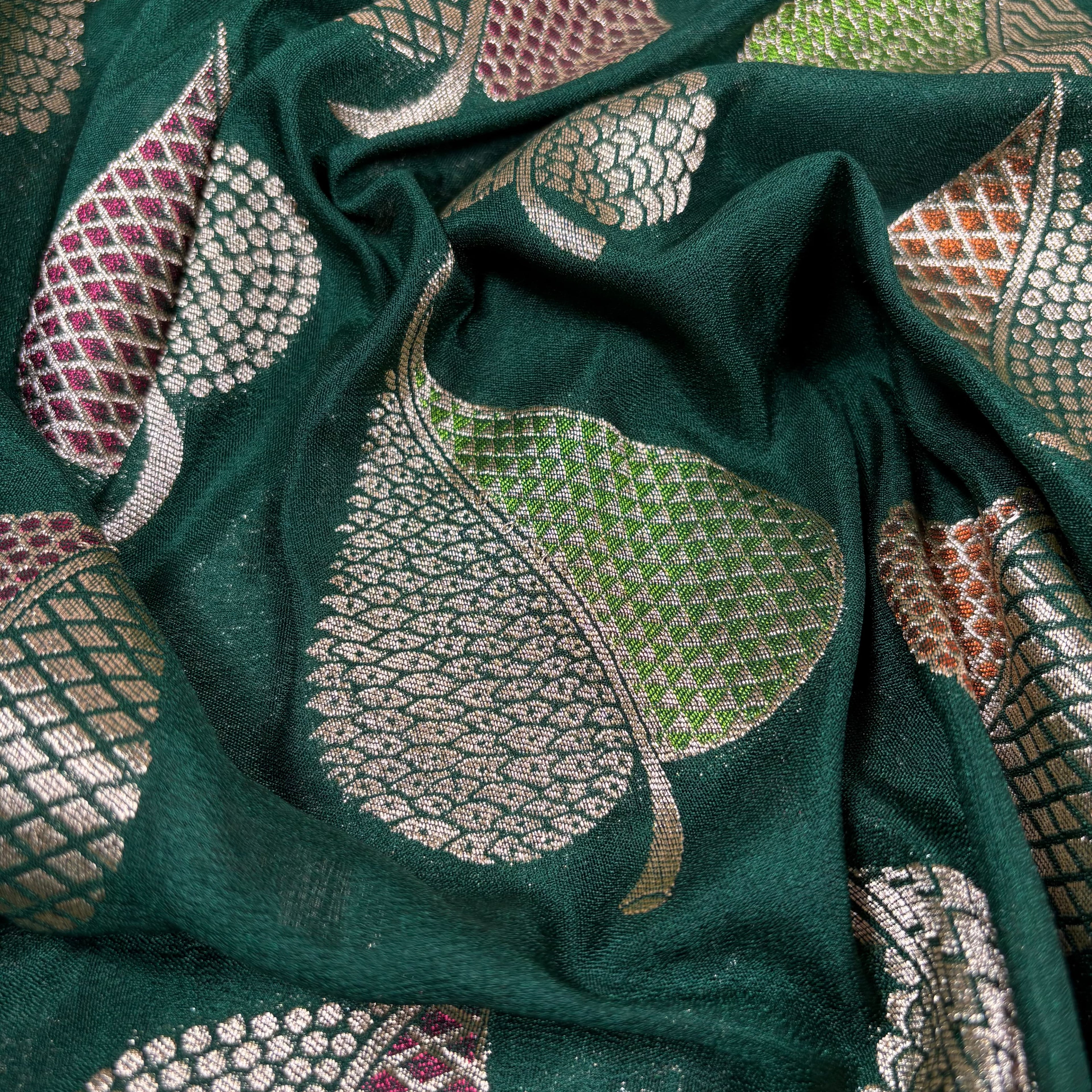 Bottle Green Banarasi Katan Georgette Silk Saree