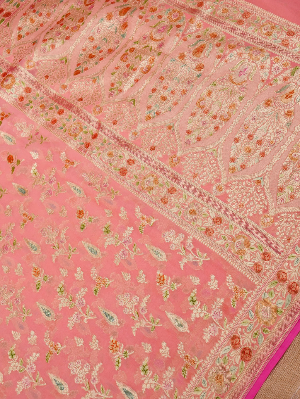 Handwoven Carrot Pink Banarasi Khaddi Silk Saree