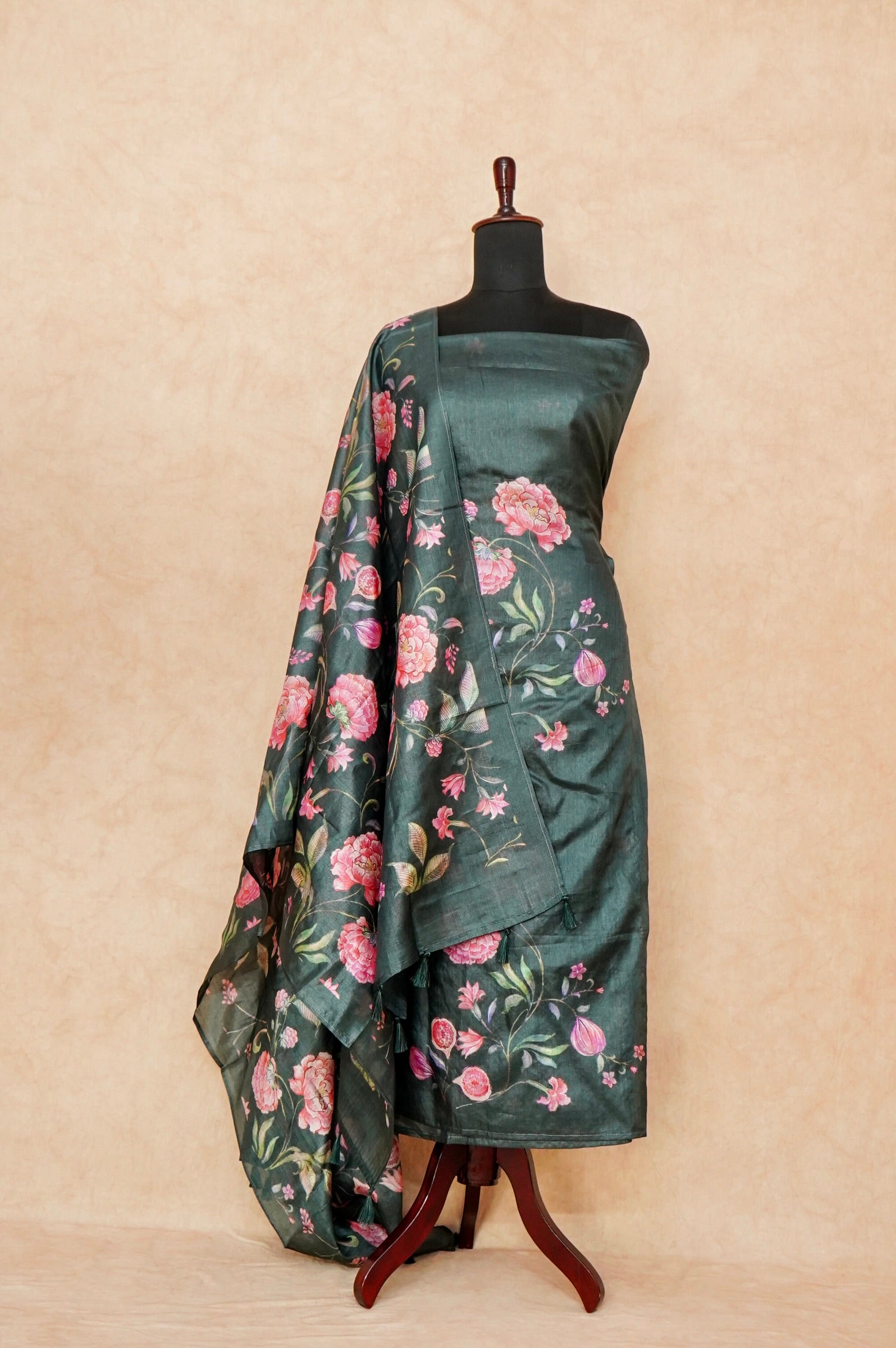 Handwoven Dark Green Banarasi Tussar Silk Suit
