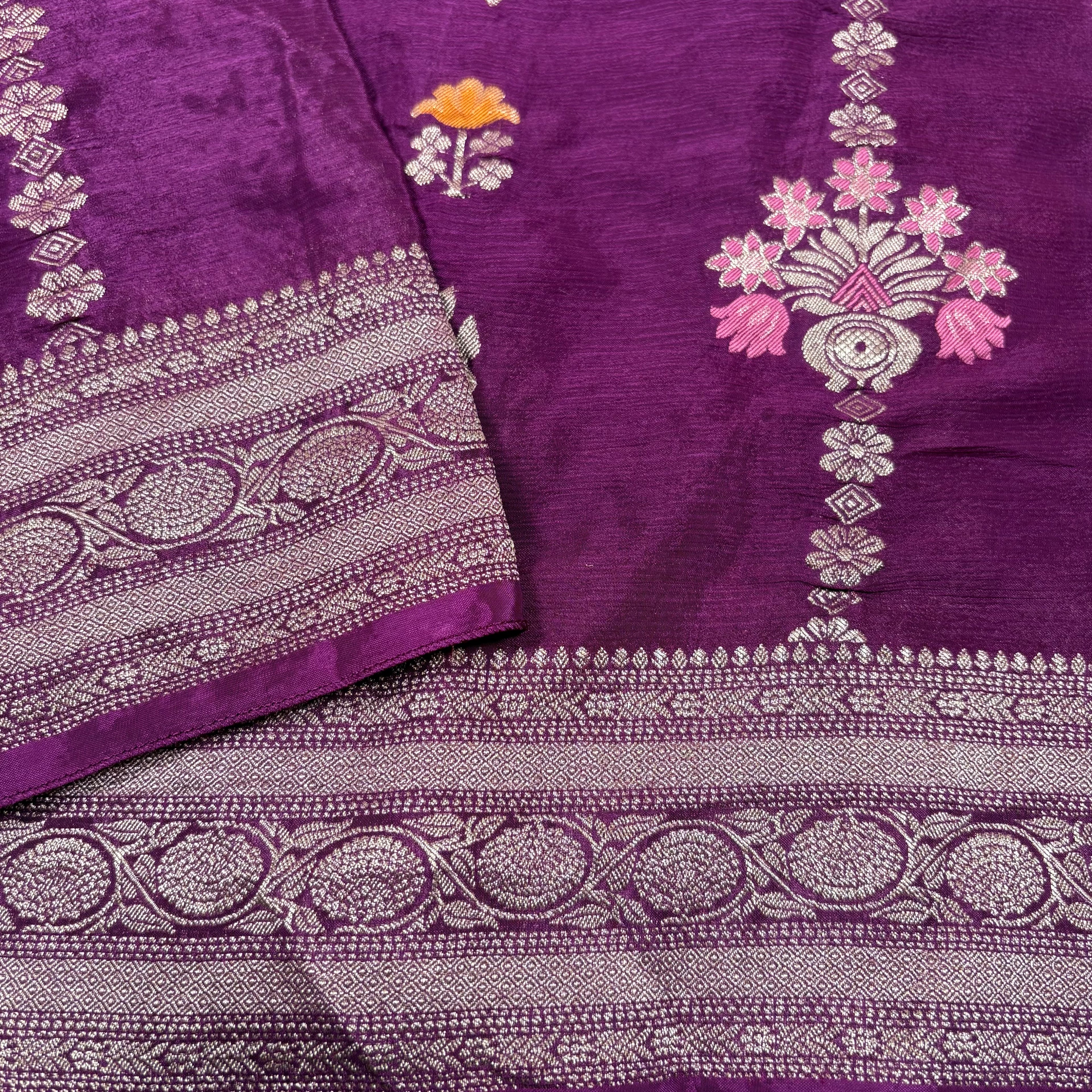 Wine Banarasi Chinon Georgette Silk Saree