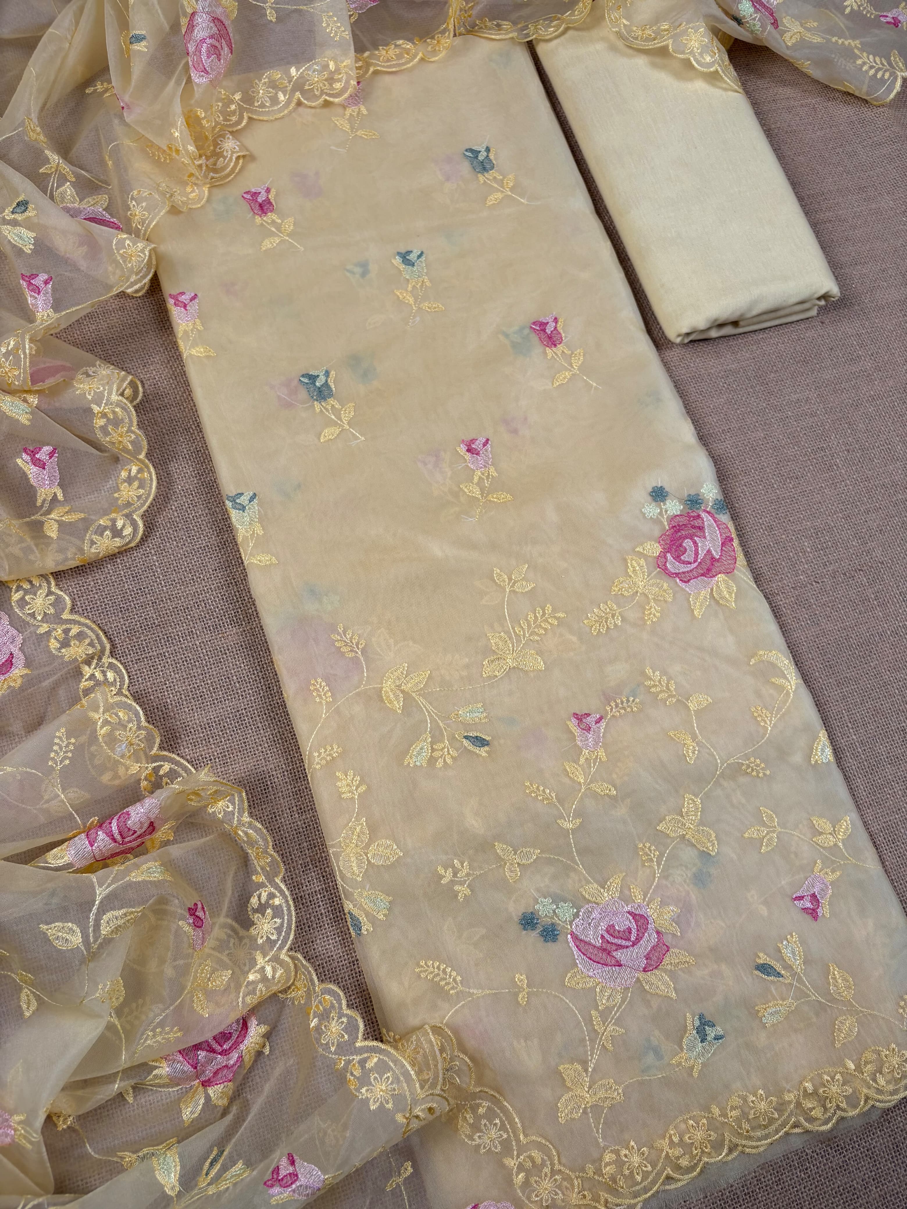 Pastel Yellow Banarasi Organza Silk Suit