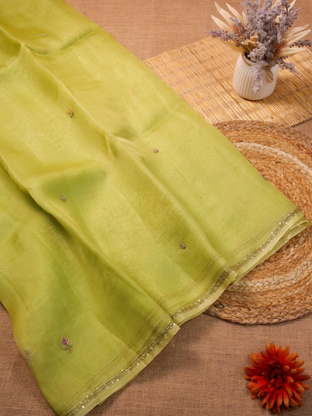 Handwoven Lime Green Banarasi Organza Silk Saree