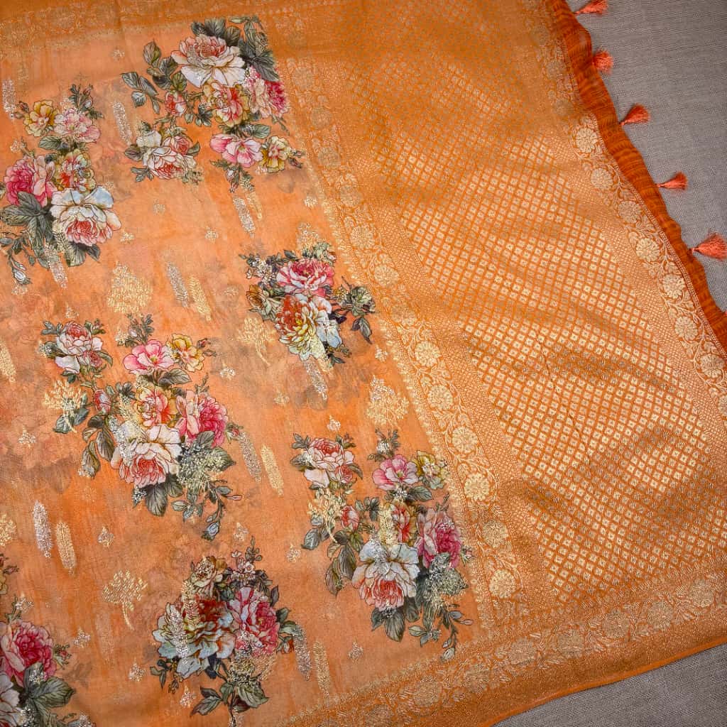 Orange Banarasi Khaddi Georgette Silk Saree