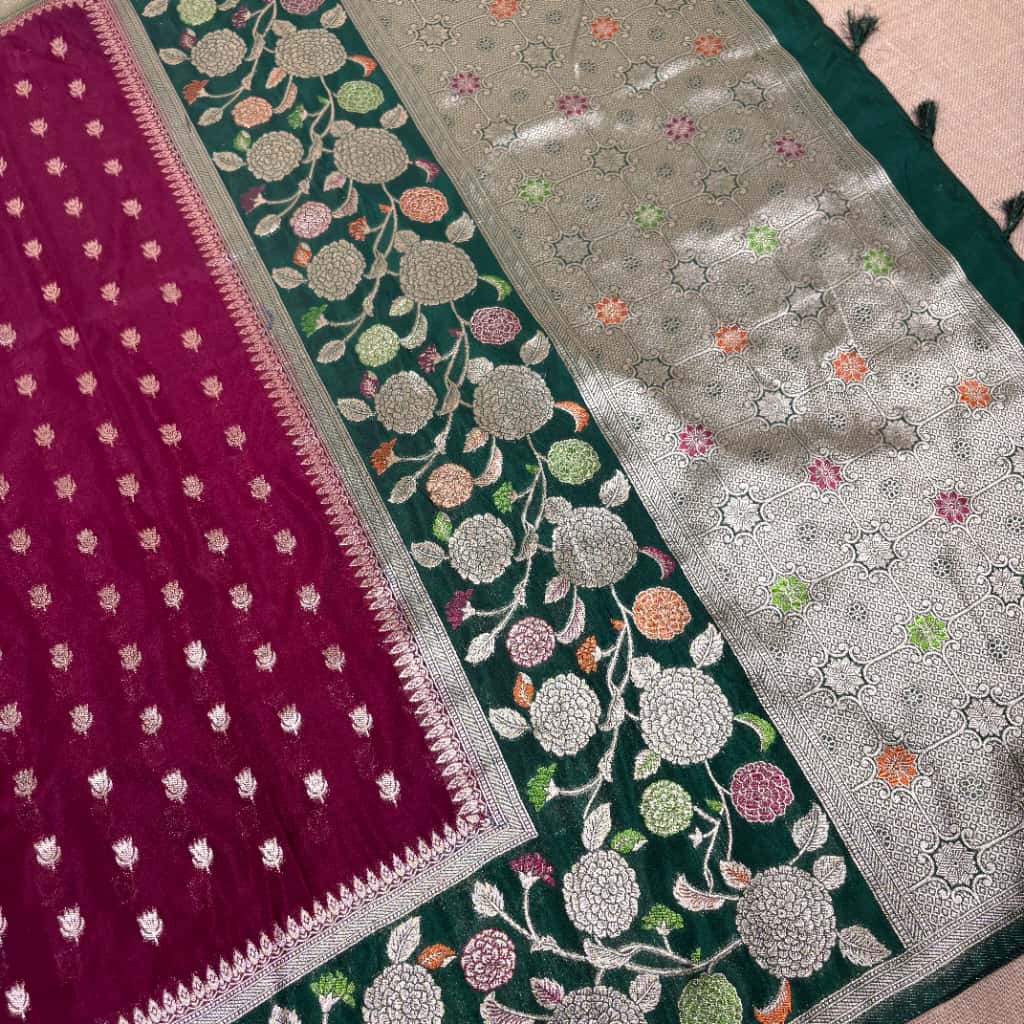 Wine Banarasi Katan Georgette Silk Saree