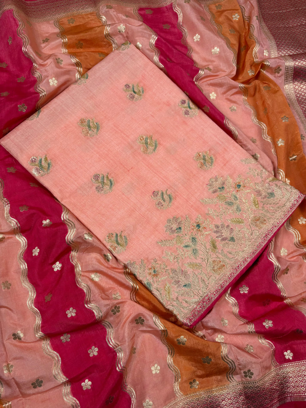 Peach Banarasi Mul-Mul Jamdani Silk Suit