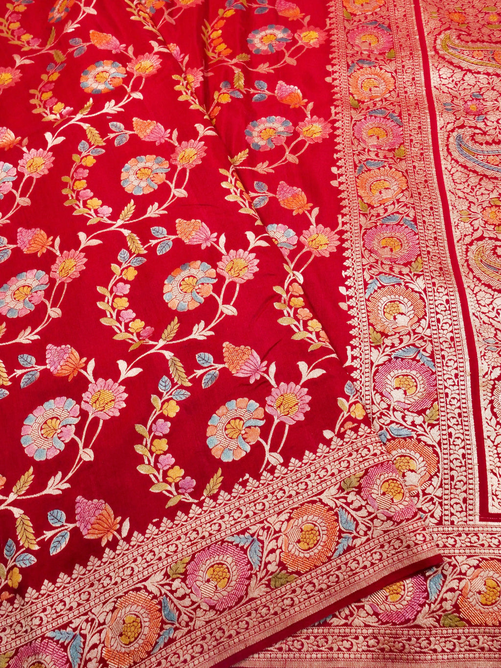 Handwoven Red Blue Banarasi Monga Silk Saree