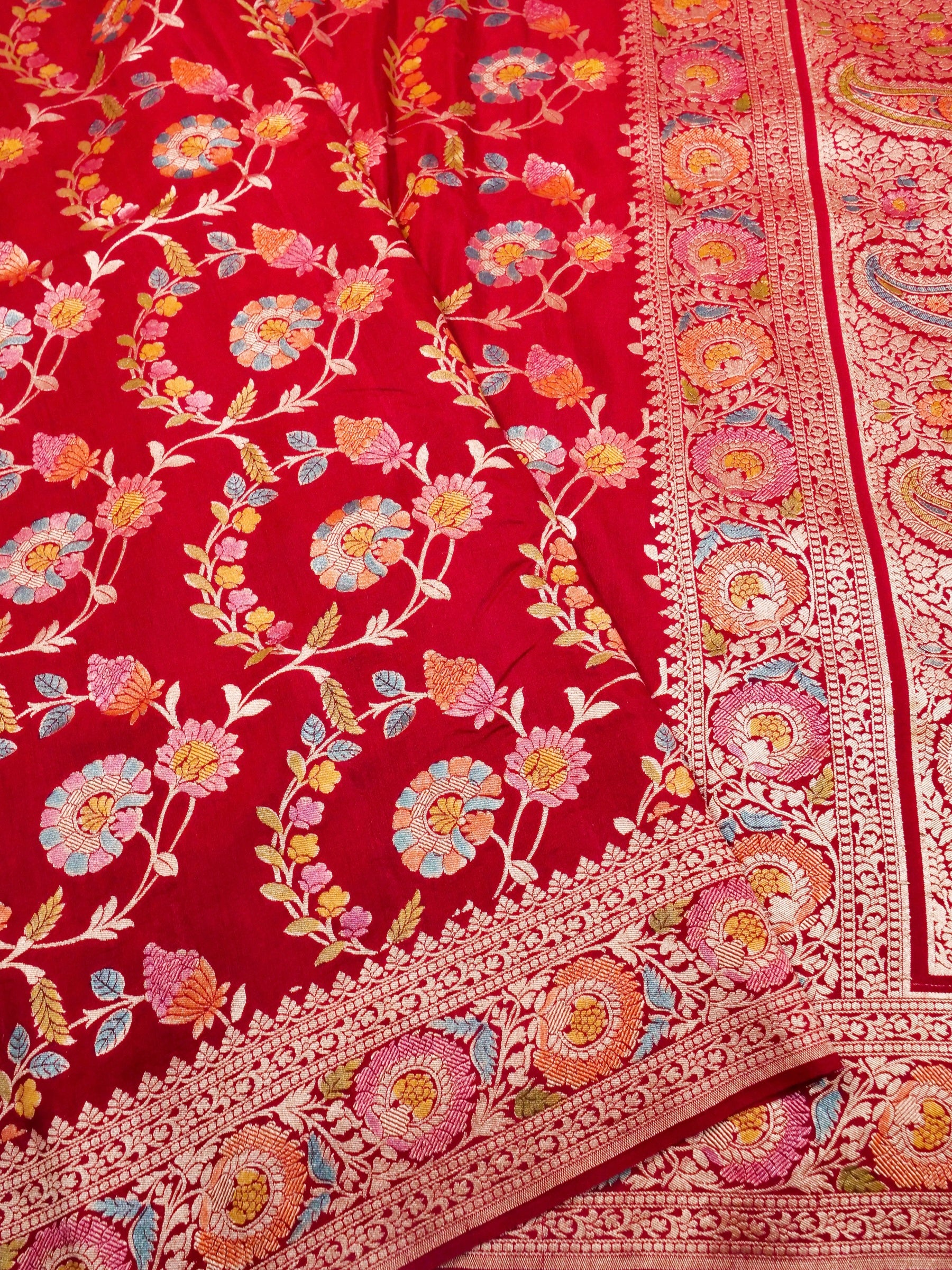 Handwoven Red Blue Banarasi Monga Silk Saree