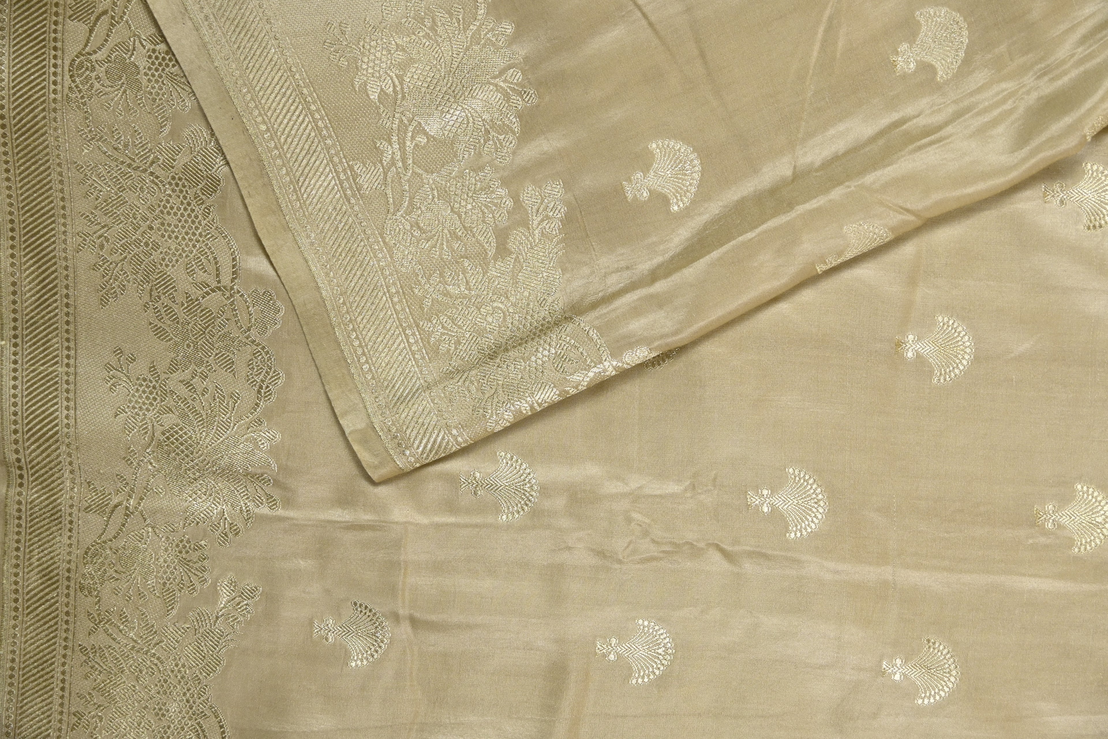 Dusty Beige Pure Banarasi Satin Mashru Silk Saree
