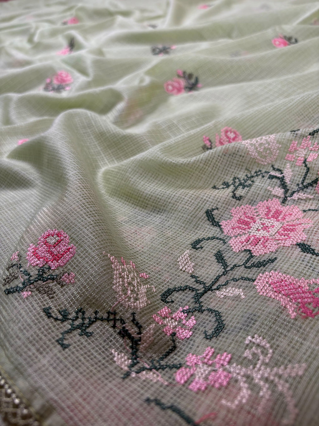 Pastel Green Banarasi Cotton Kora Silk Suit