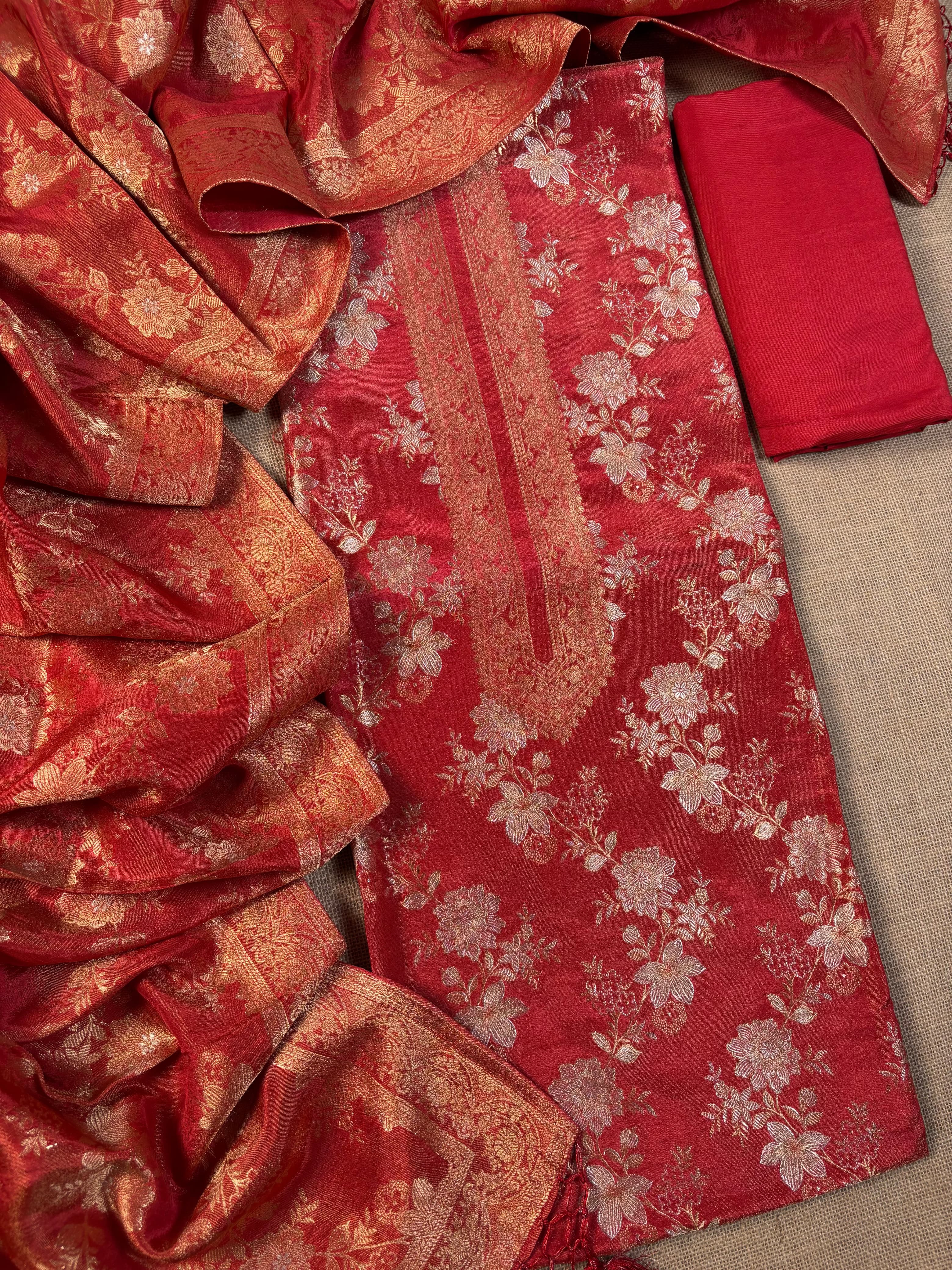 Red Banarasi Softy Katan Tissue Suit