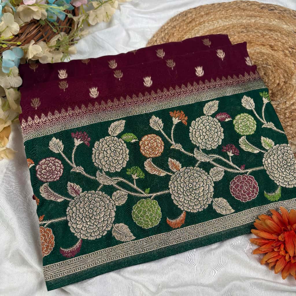 Wine Banarasi Katan Georgette Silk Saree