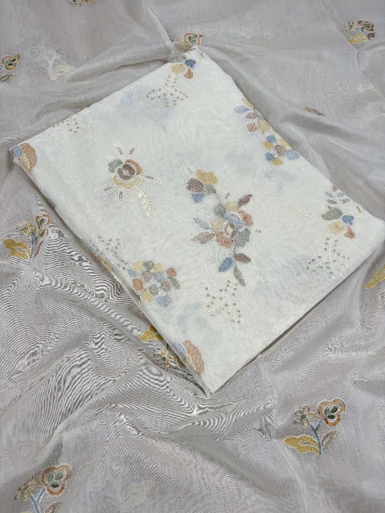White Banarasi Pure Mul-Mul Silk Suit
