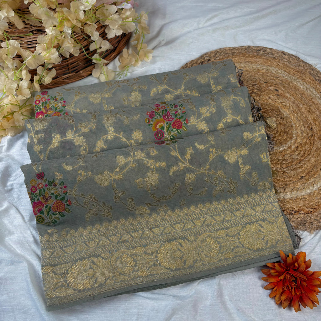 Grey Banarasi Khaddi Georgette Silk Saree