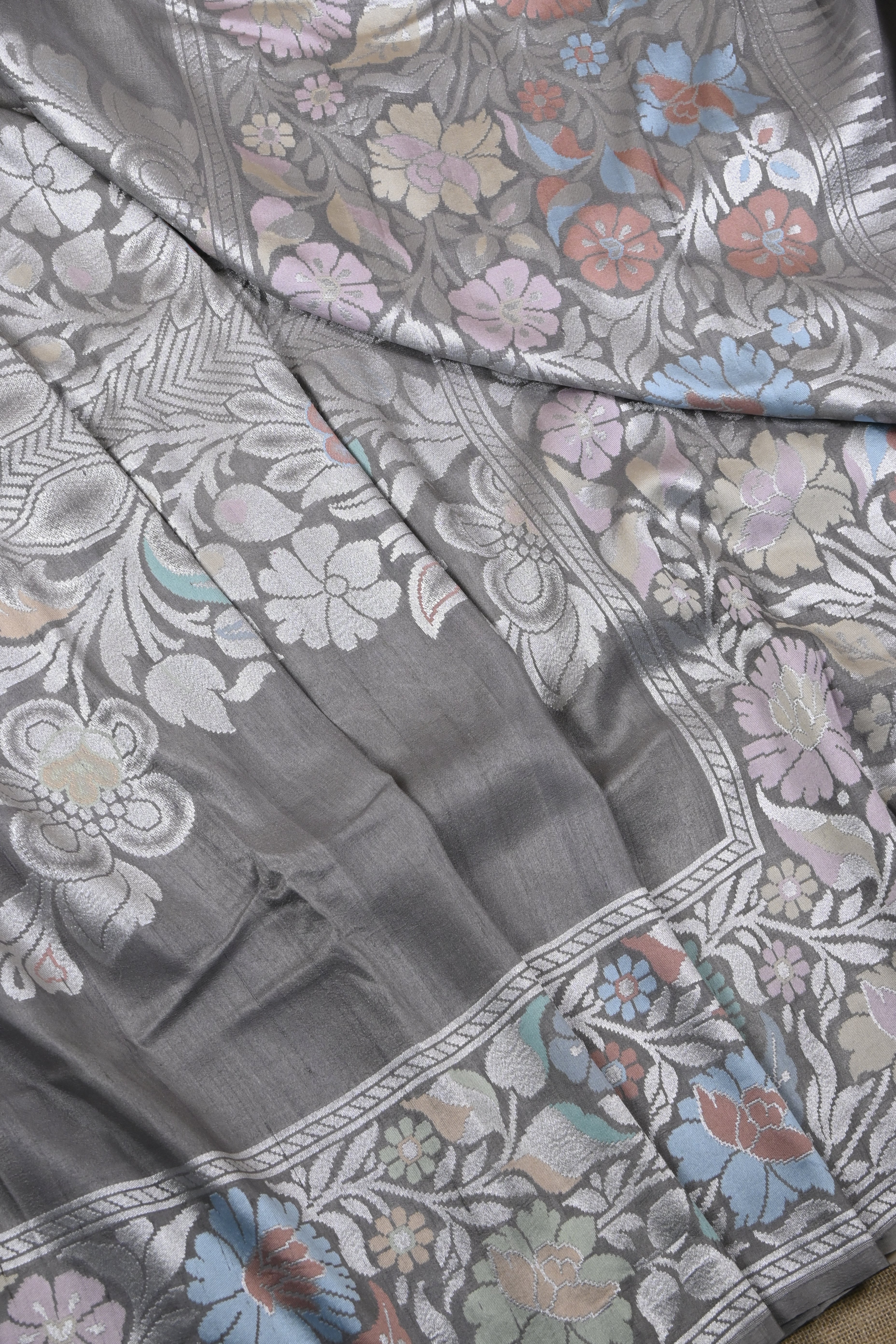 Grey Pure Banarasi Tussar Georgette Silk Saree