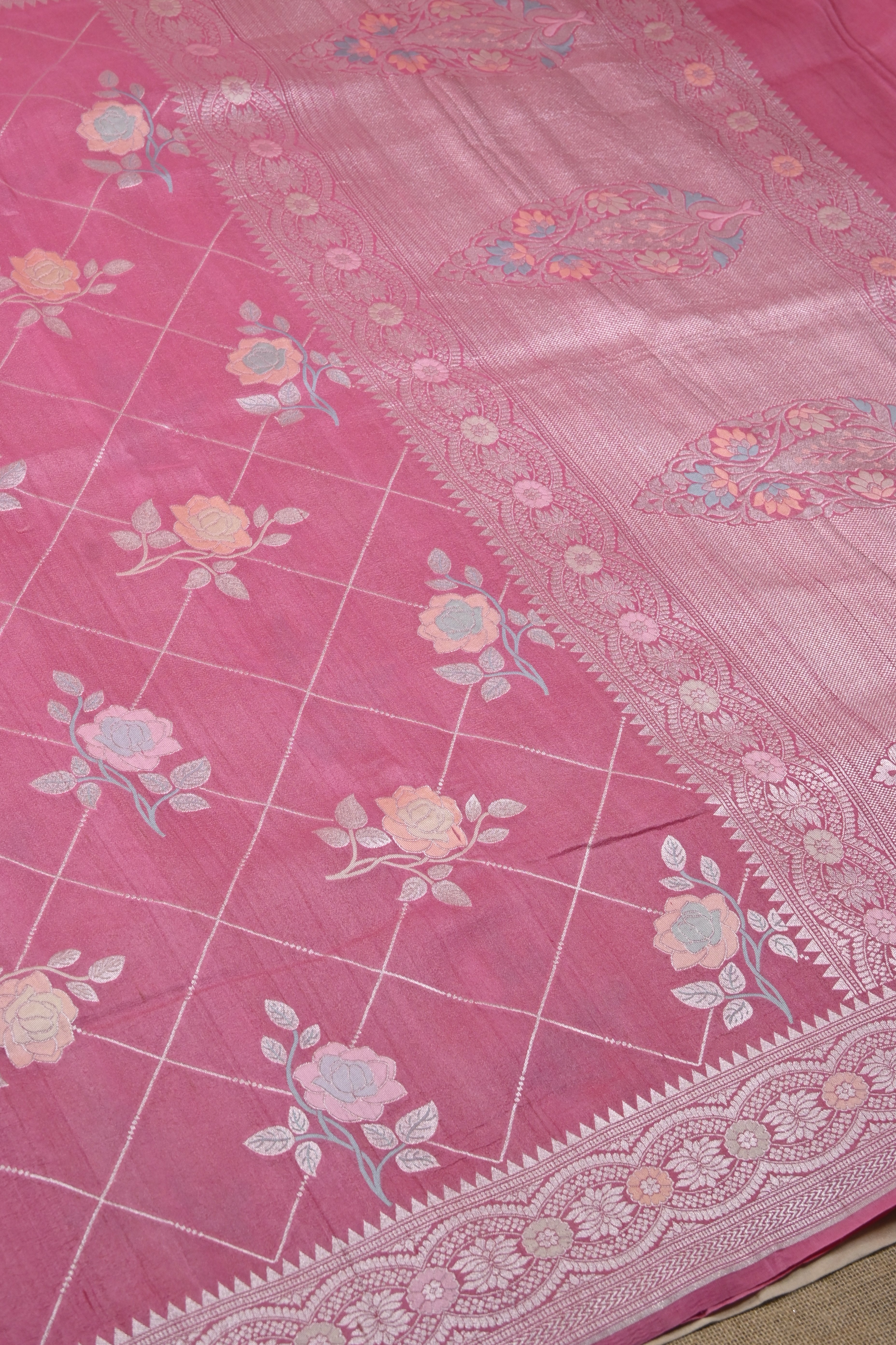 Hot Pink Pure Banarasi Tussar Georgette Silk Saree