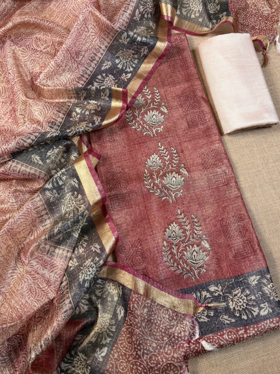 Brick Red Banarasi Kora Tissue Suit