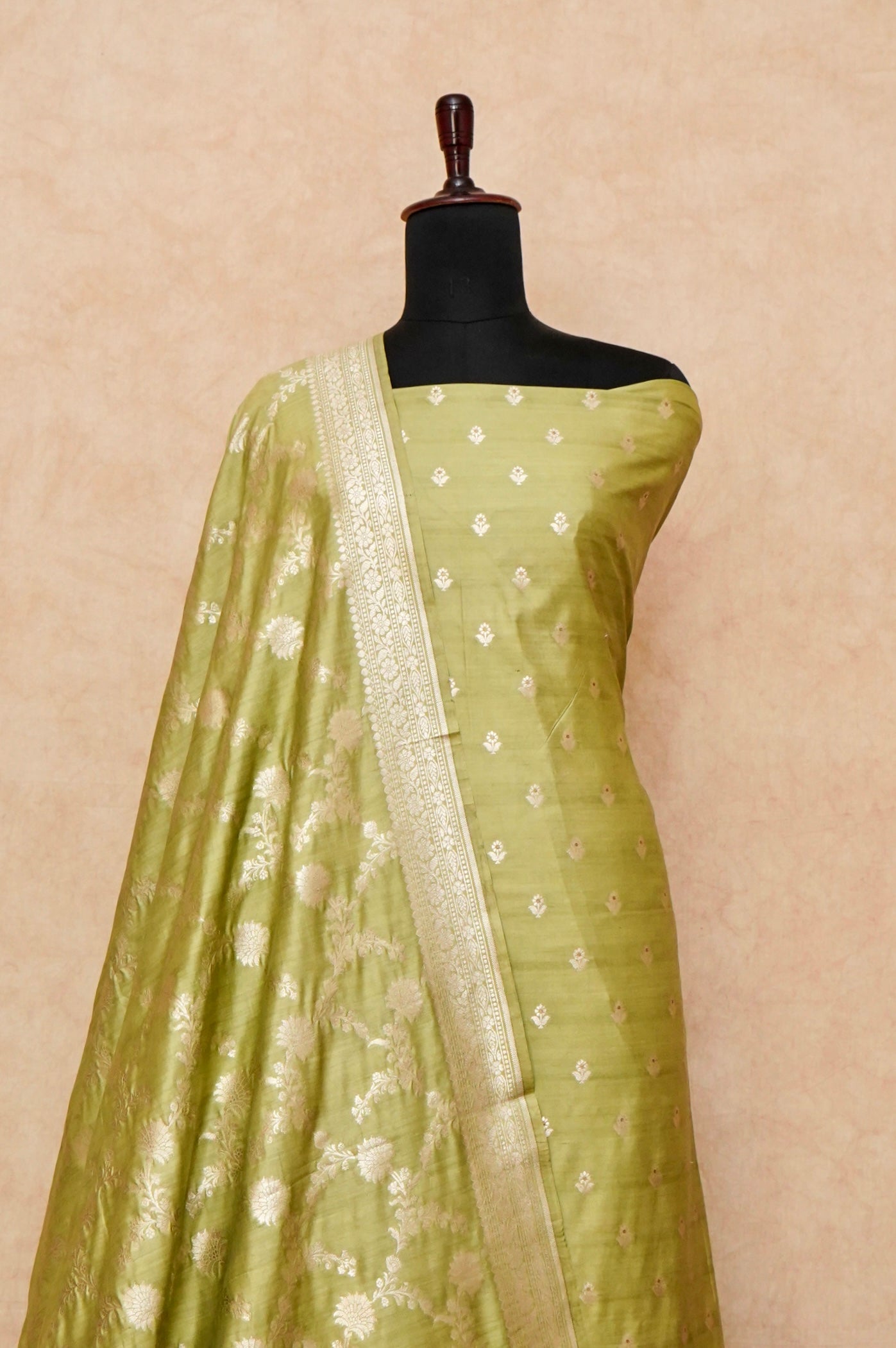 Handwoven Mehndi Green Banarasi Chiniya Silk Suit