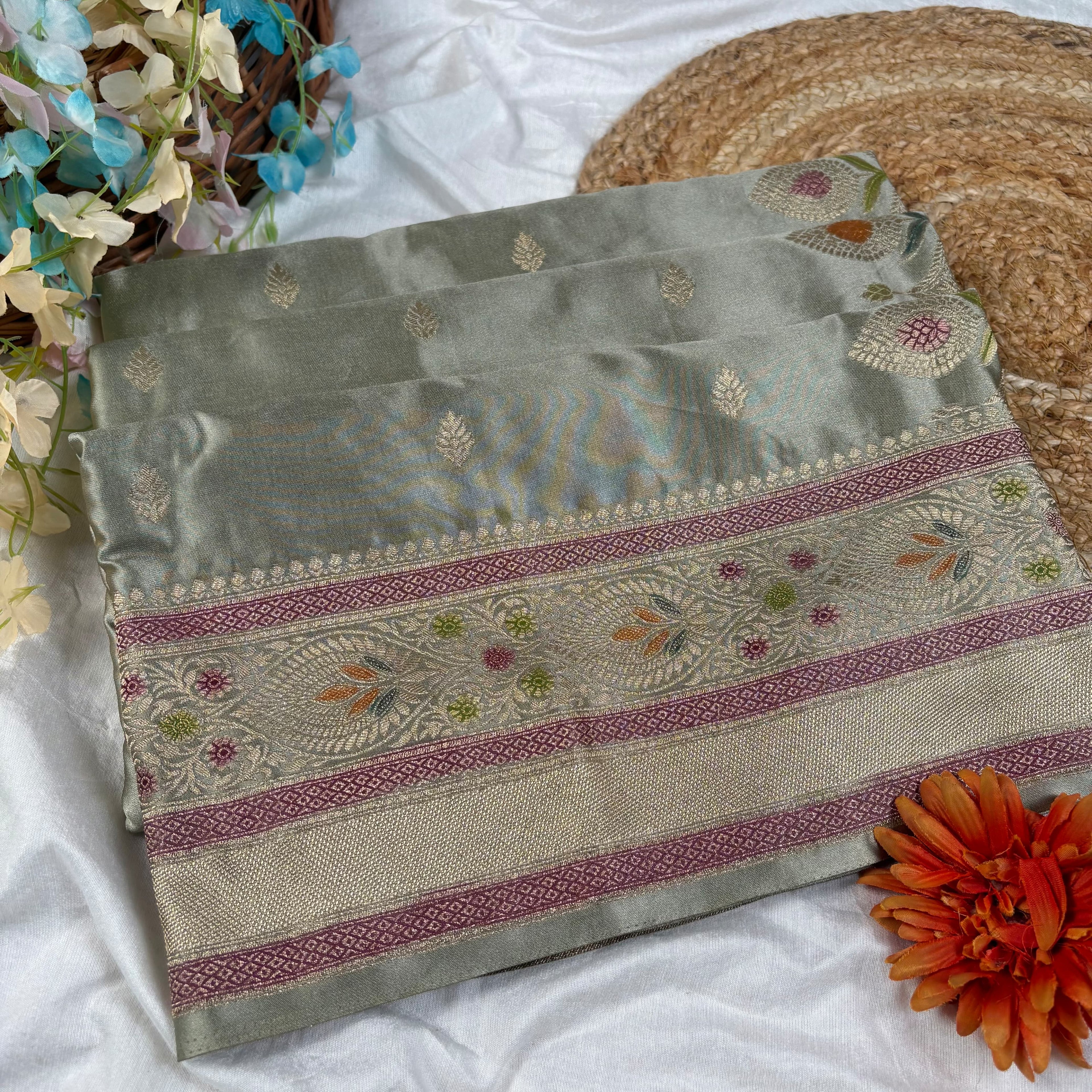 Light Grey Banarasi Mashru Satin Georgette Saree