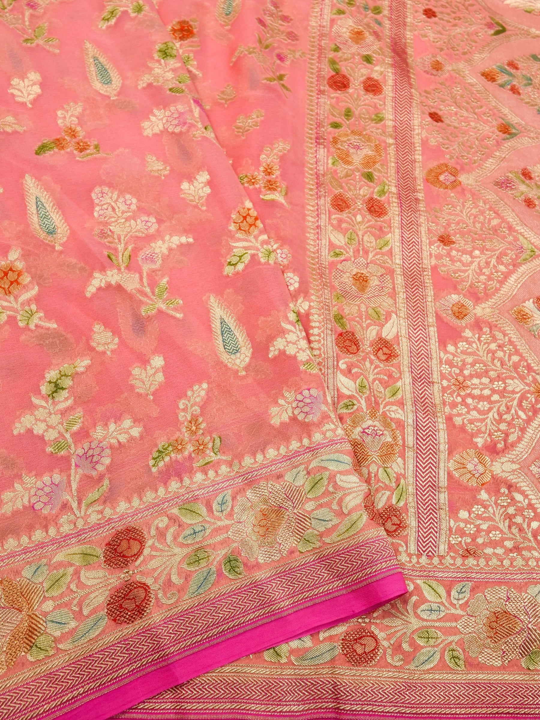 Handwoven Carrot Pink Banarasi Khaddi Silk Saree