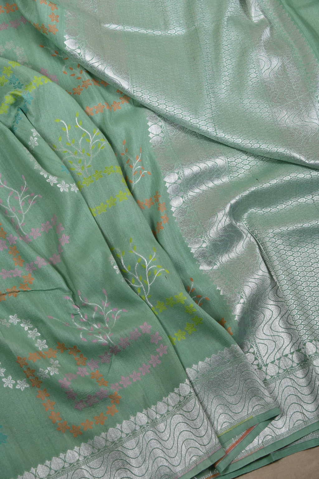 Dusty Green Pure Banarasi Tussar Georgette Saree