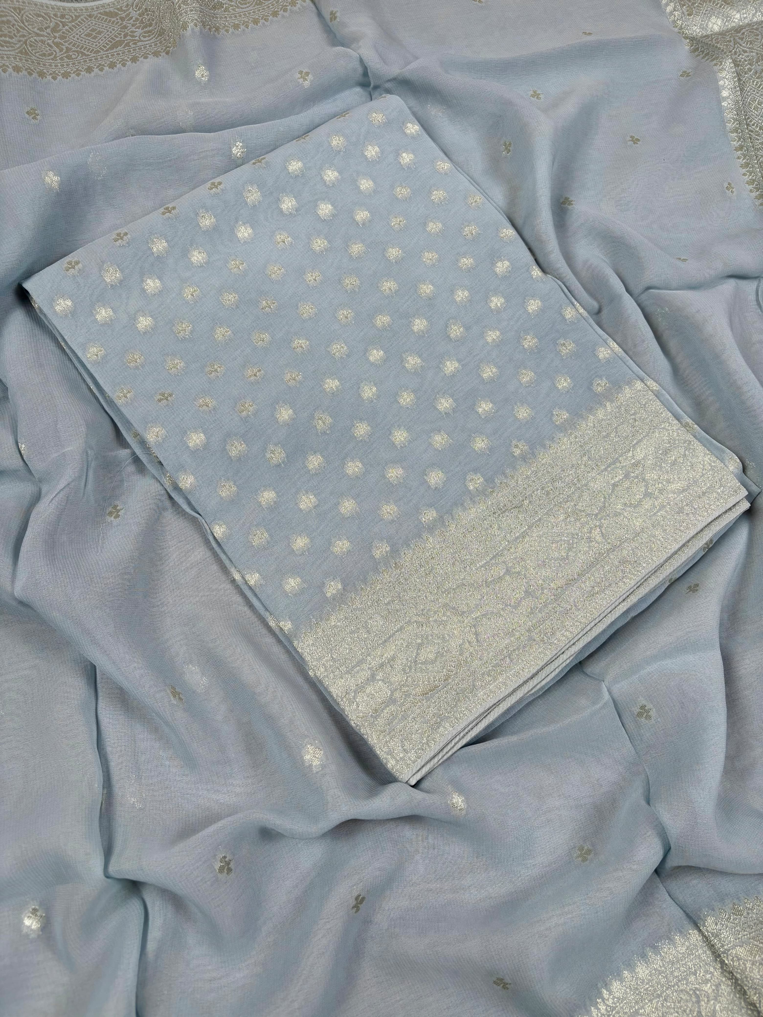Greyish Blue Banarasi Khaddi Georgette Suit