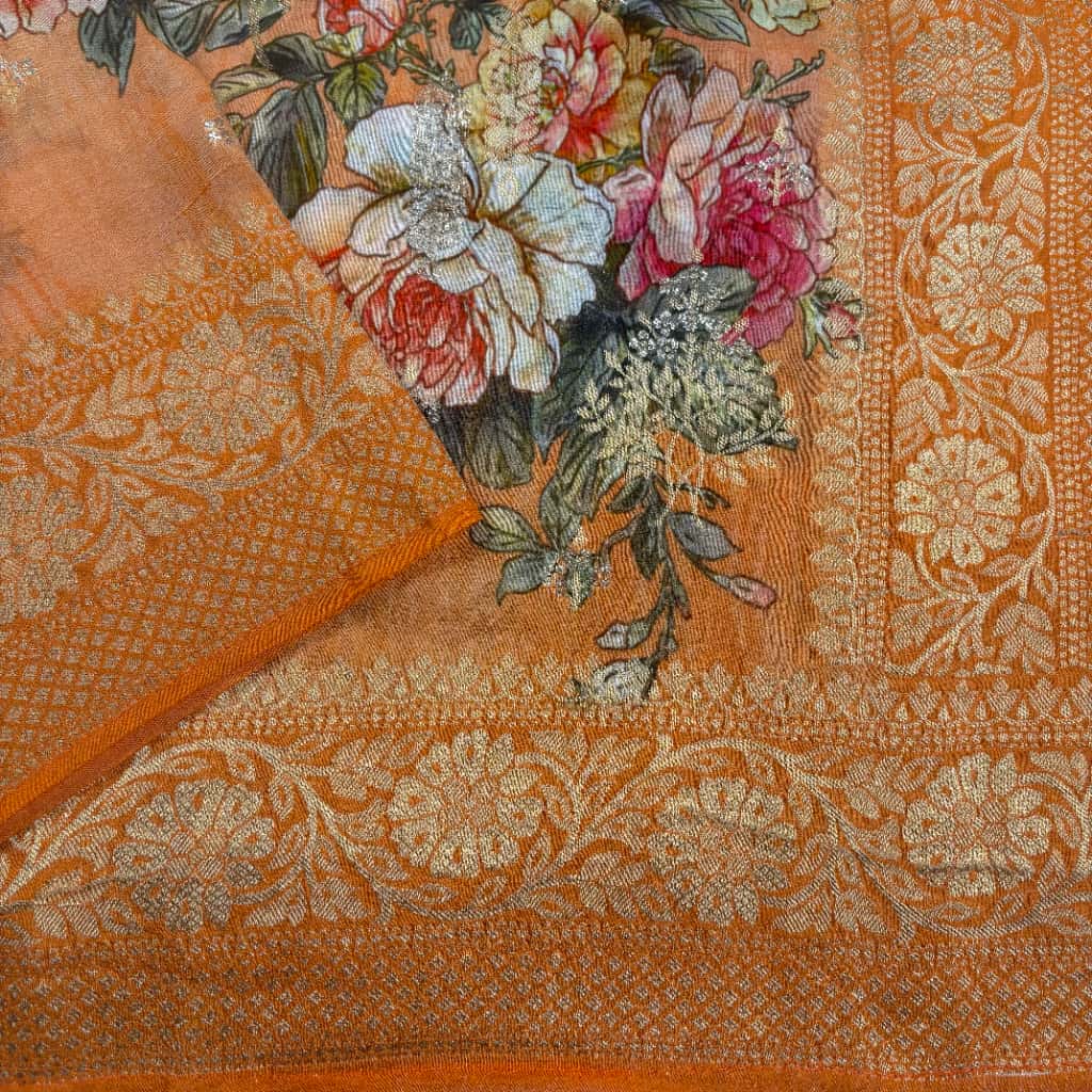 Orange Banarasi Khaddi Georgette Silk Saree