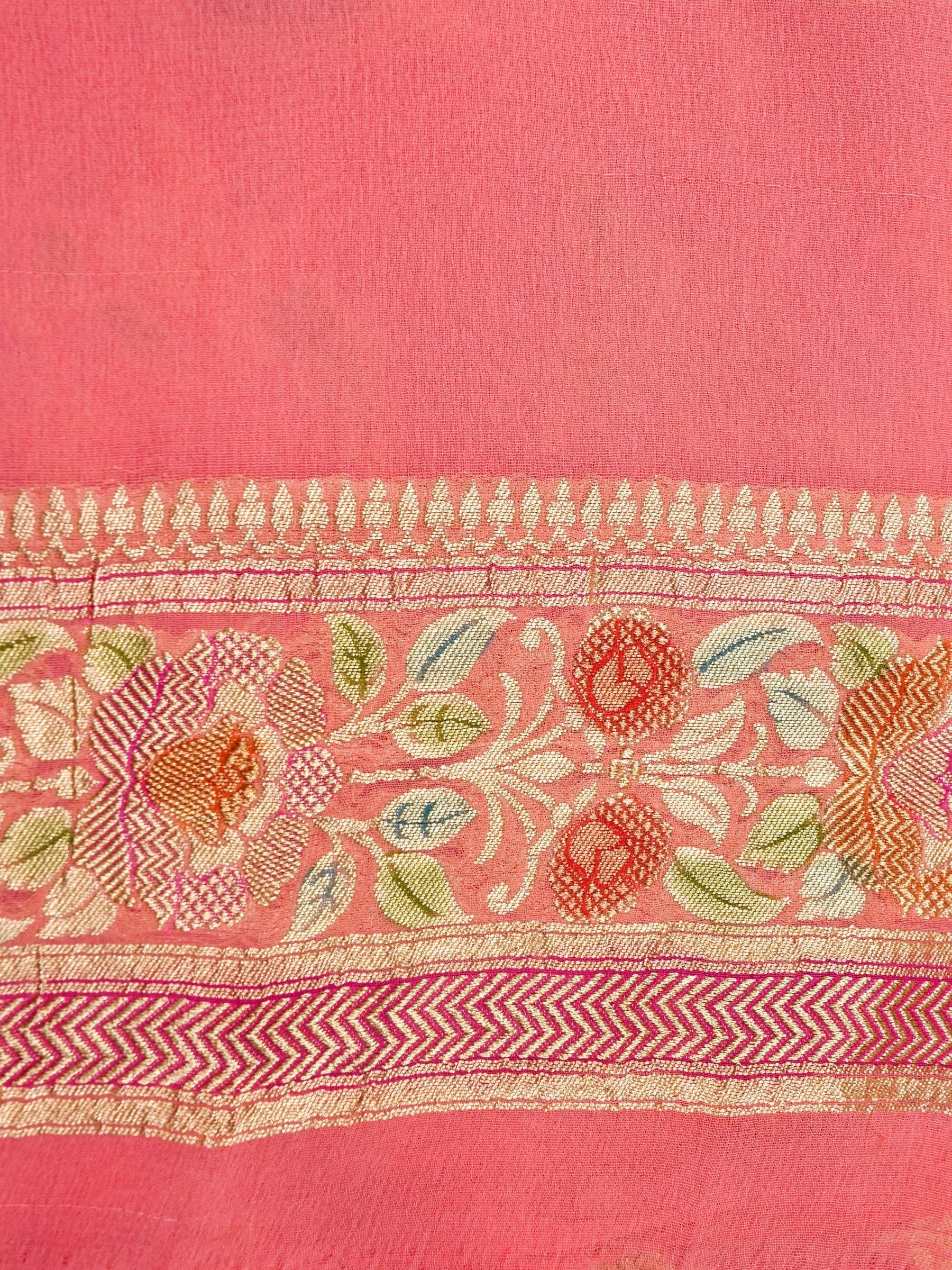Handwoven Carrot Pink Banarasi Khaddi Silk Saree