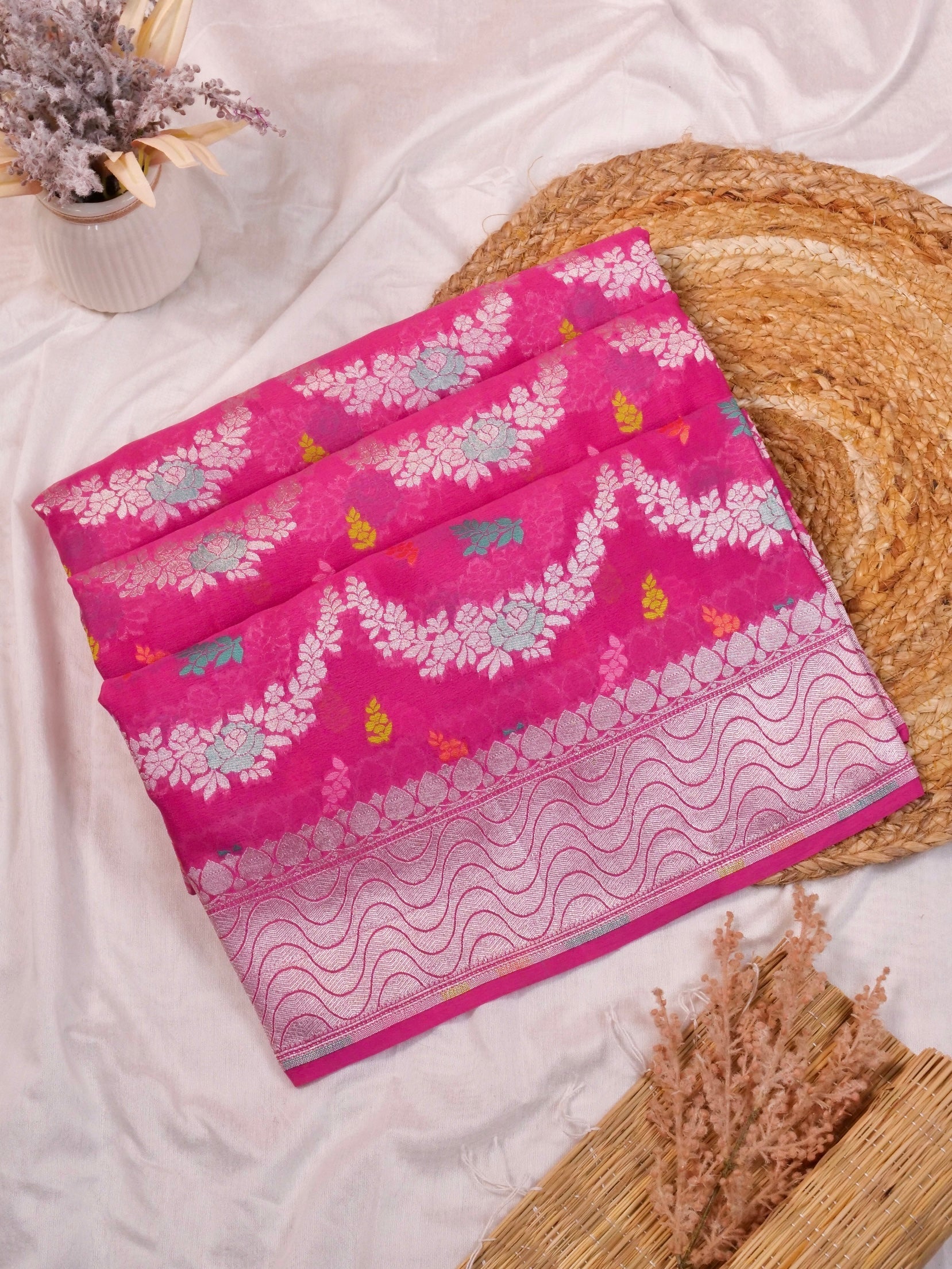 Handwoven Pink Banarasi Khaddi Silk Saree