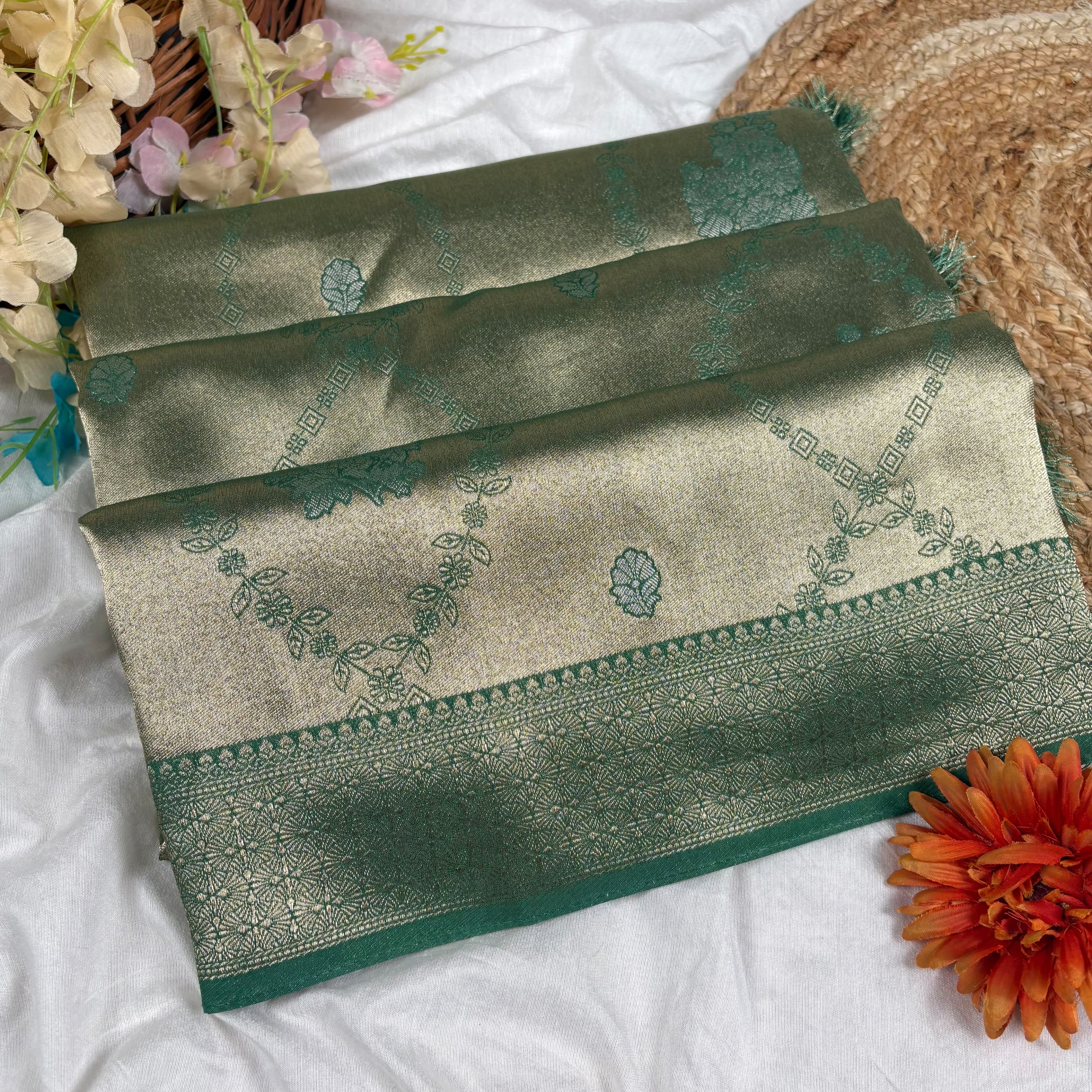 Bottle Green Banarasi Tissue Silk Saree