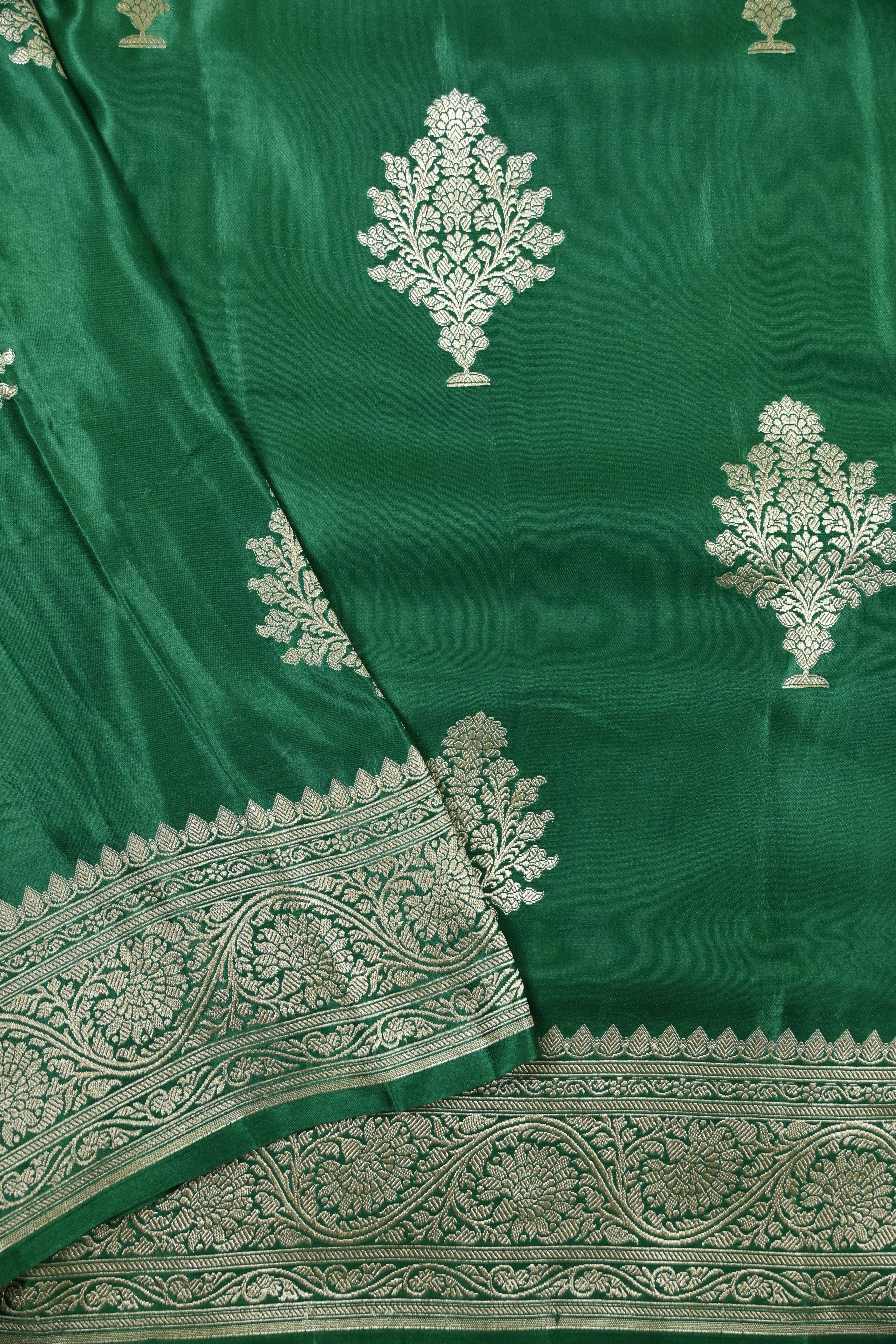 Bottle Green Pure Banarasi Satin Mashru Silk Saree